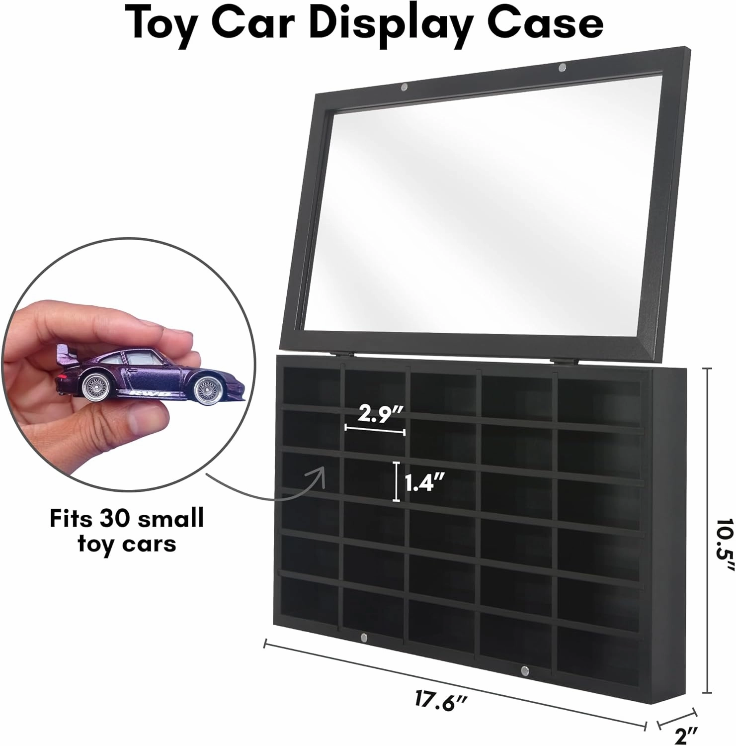 Americanflat 11x18 Toy Car Display Case - Holds up to 30 Cars - Model Car Displays with Removable Shelves and Shatter-Resistant Glass - Wall Mounted Display Cases for Collectibles - Black
