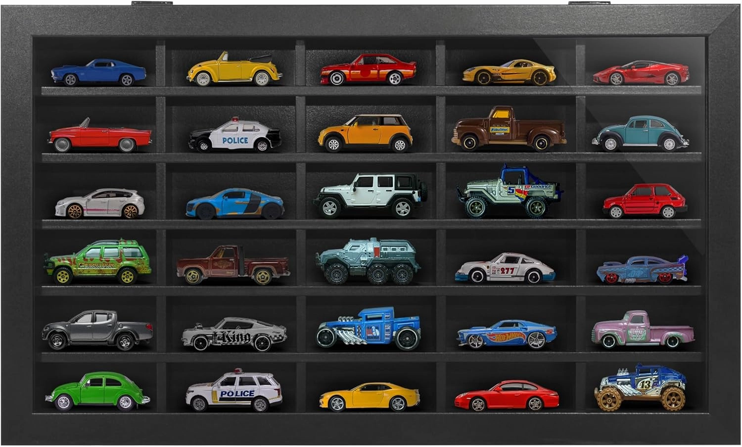 Americanflat 11x18 Toy Car Display Case - Holds up to 30 Cars - Model Car Displays with Removable Shelves and Shatter-Resistant Glass - Wall Mounted Display Cases for Collectibles - Black