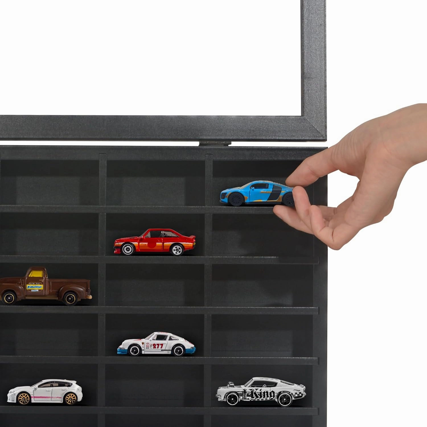 Americanflat 11x18 Toy Car Display Case - Holds up to 30 Cars - Model Car Displays with Removable Shelves and Shatter-Resistant Glass - Wall Mounted Display Cases for Collectibles - Black