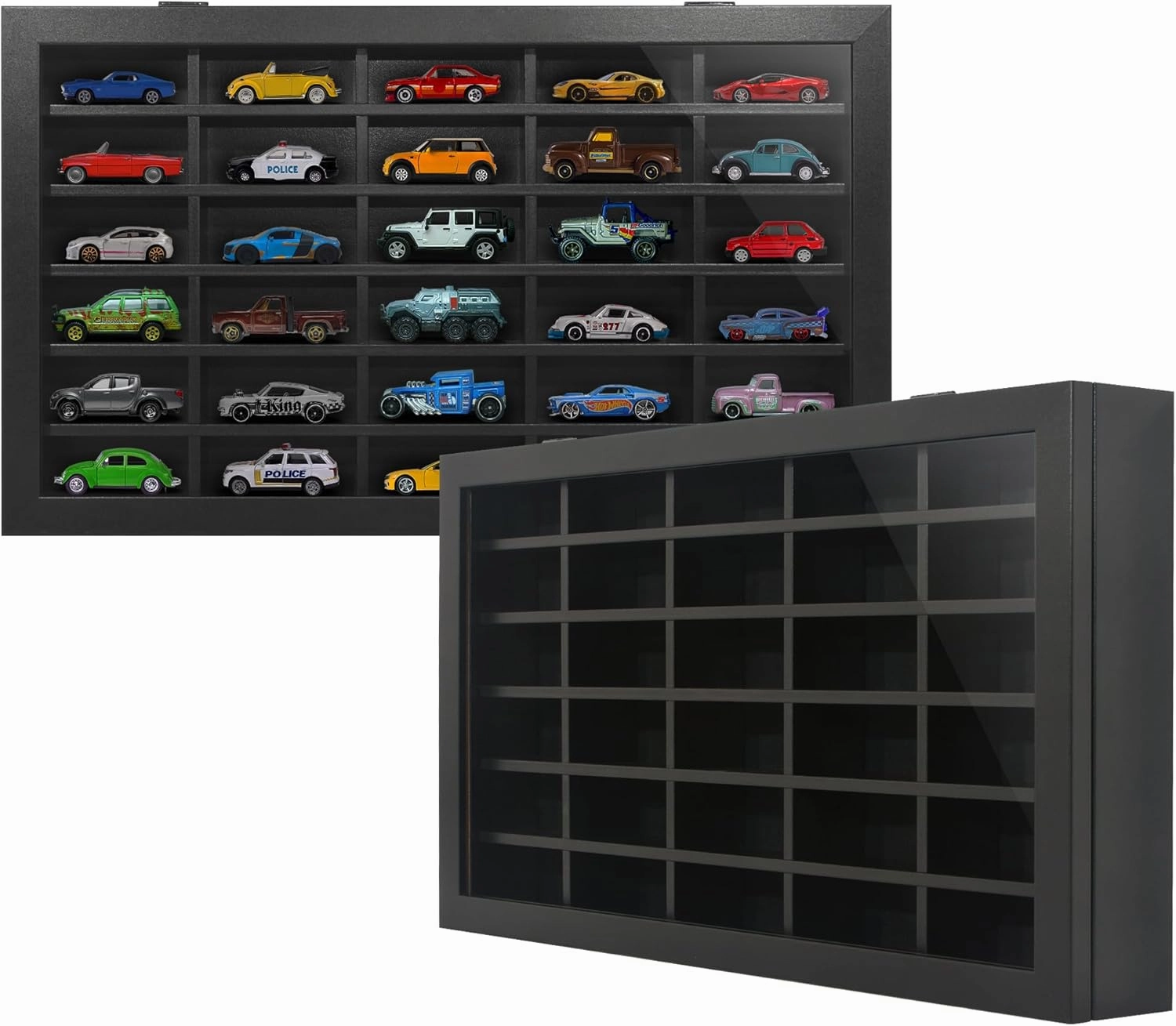 Americanflat 11x18 Toy Car Display Case - Holds up to 30 Cars - Model Car Displays with Removable Shelves and Shatter-Resistant Glass - Wall Mounted Display Cases for Collectibles - Black