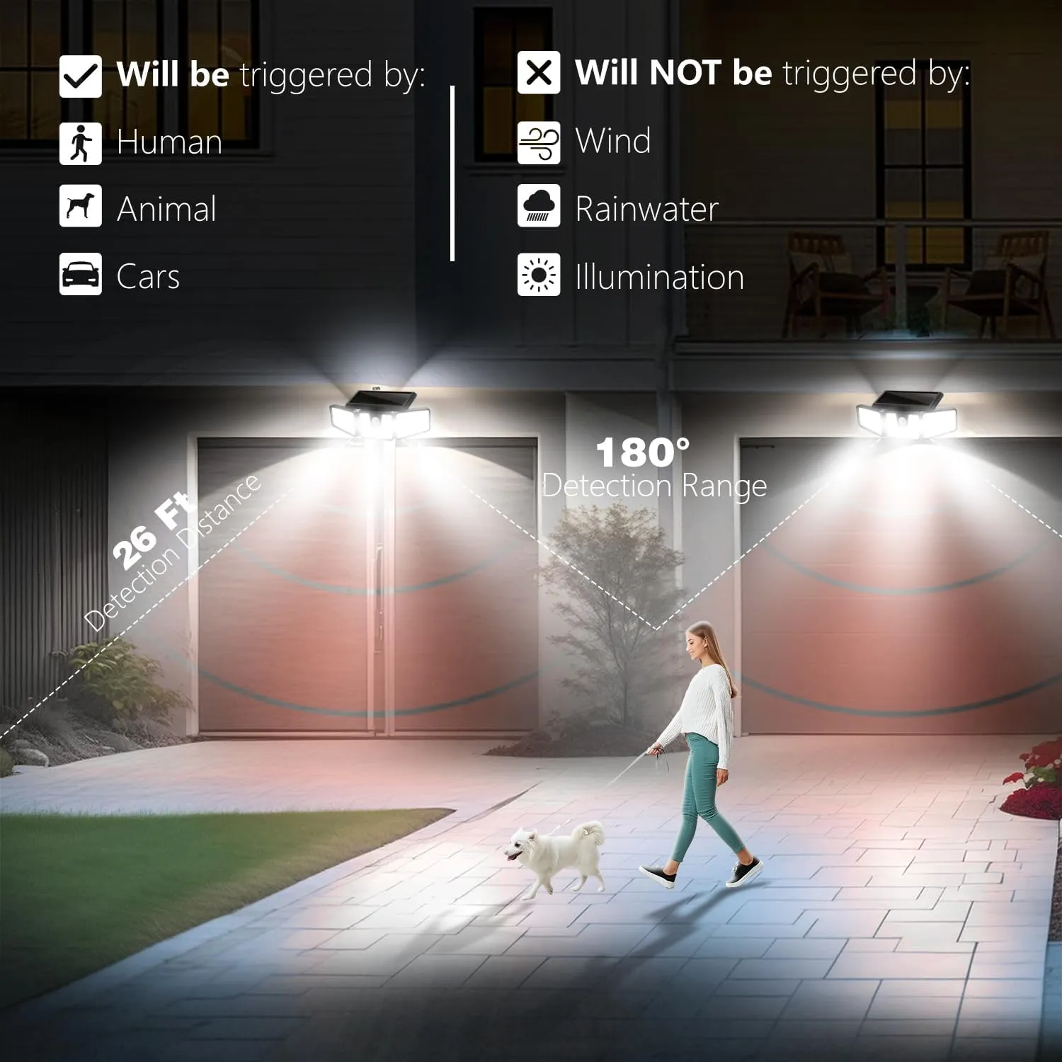 AmeriTop Solar Lights Outdoor, 2 Pack LED High Brightness Cordless Solar Motion Sensor Lights; 3 Adjustable Heads, 270° Wide Angle Illumination, IP65 Waterproof, Security LED Wall Light(Daylight)