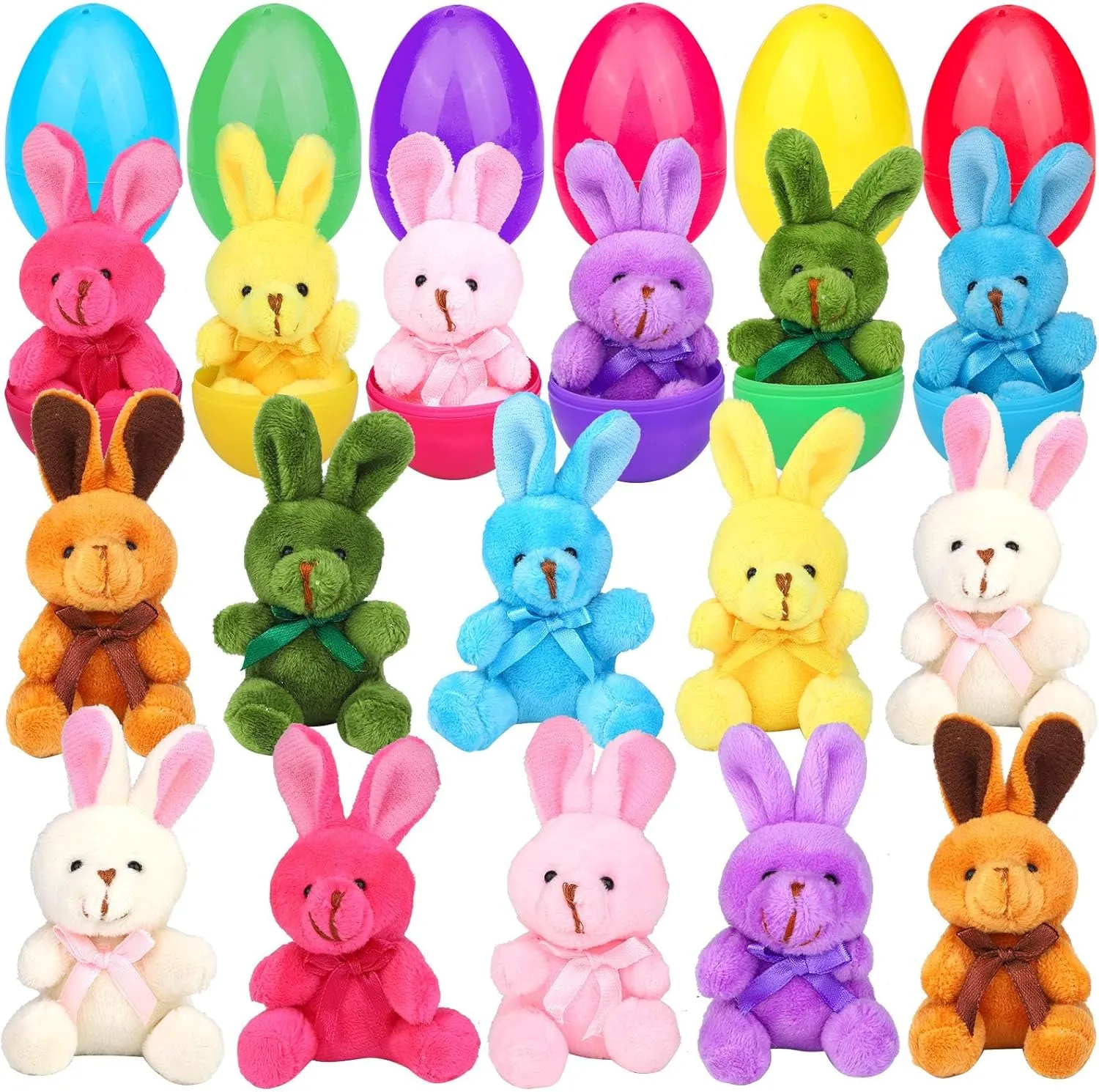 Aneco 16 Pack Prefilled Easter Eggs with Plush Bunnies Toys Set 3.9" Plastic Filled Easter Eggs with Colorful Rabbit for Easter Eggs Hunt Easter Basket Stuffers Easter Gifts Party Favors Supplies