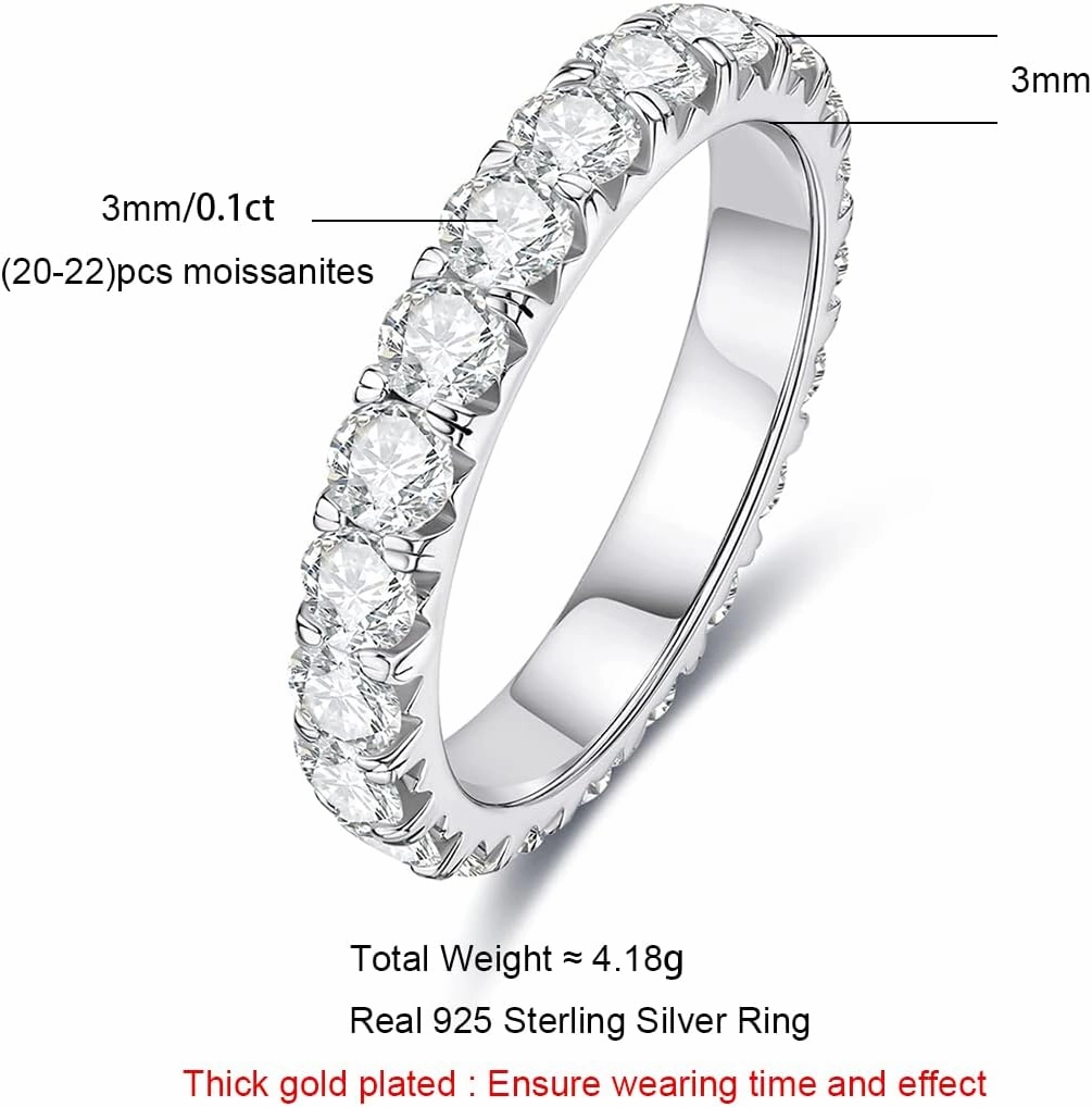 AnuClub Moissanite Eternity Wedding Band Ring D Color 925 Sterling Silver Rings for Women With Certificate