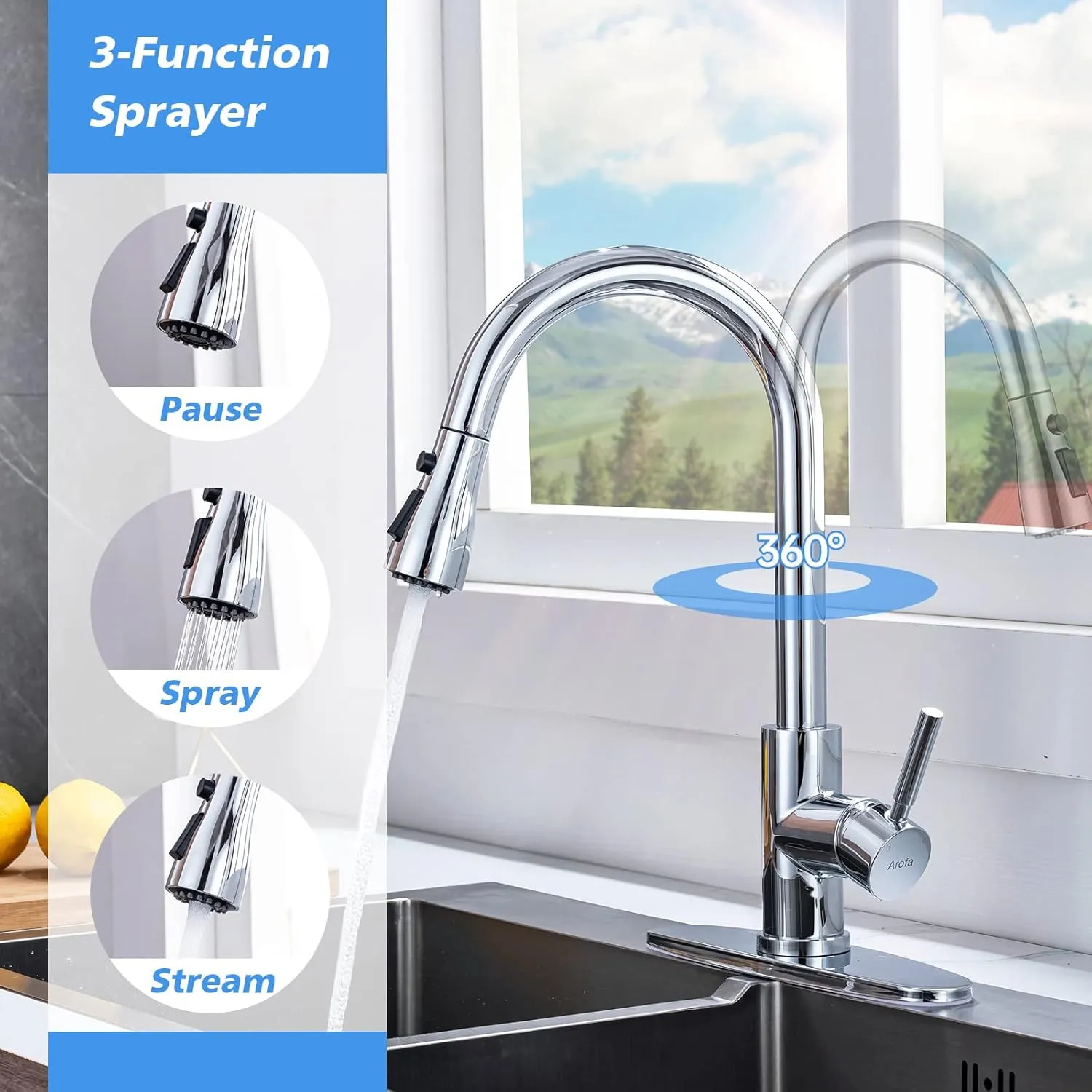 Arofa Chrome Kitchen Faucet, High Arc Kitchen Faucet with Pull Down Sprayer, Modern Single Handle Chrome Kitchen Faucets for 1/3 Hole Sink