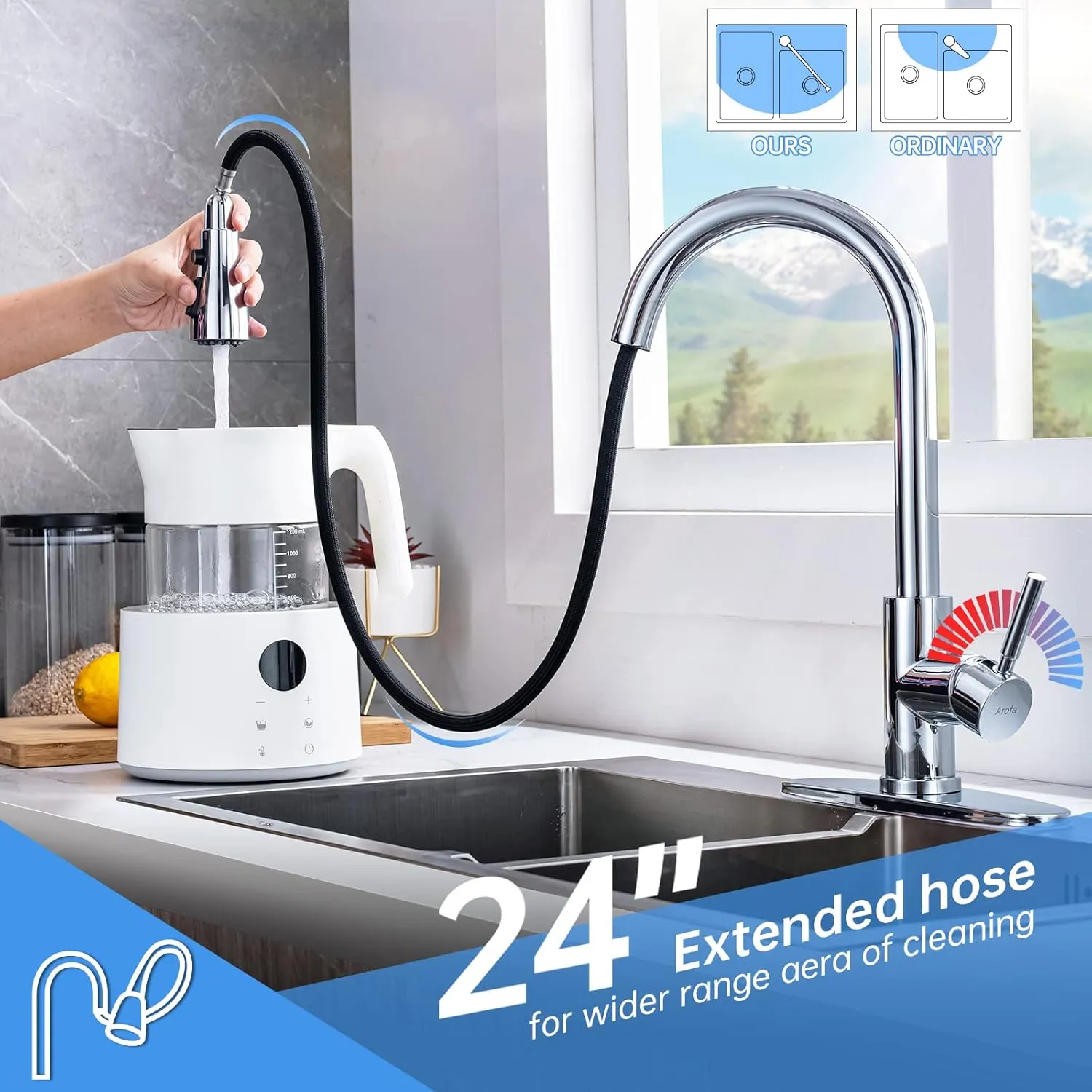 Arofa Chrome Kitchen Faucet, High Arc Kitchen Faucet with Pull Down Sprayer, Modern Single Handle Chrome Kitchen Faucets for 1/3 Hole Sink