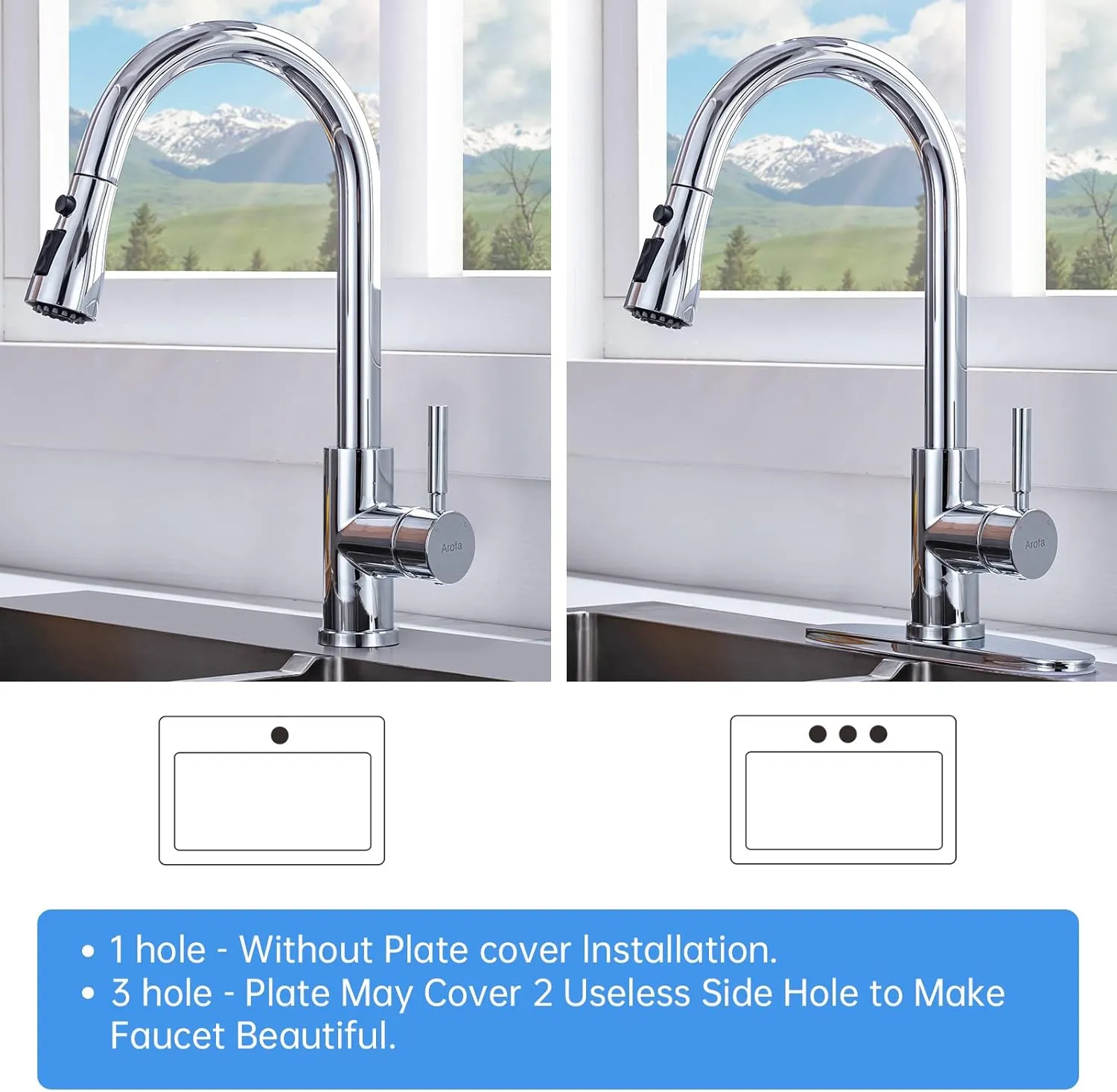 Arofa Chrome Kitchen Faucet, High Arc Kitchen Faucet with Pull Down Sprayer, Modern Single Handle Chrome Kitchen Faucets for 1/3 Hole Sink