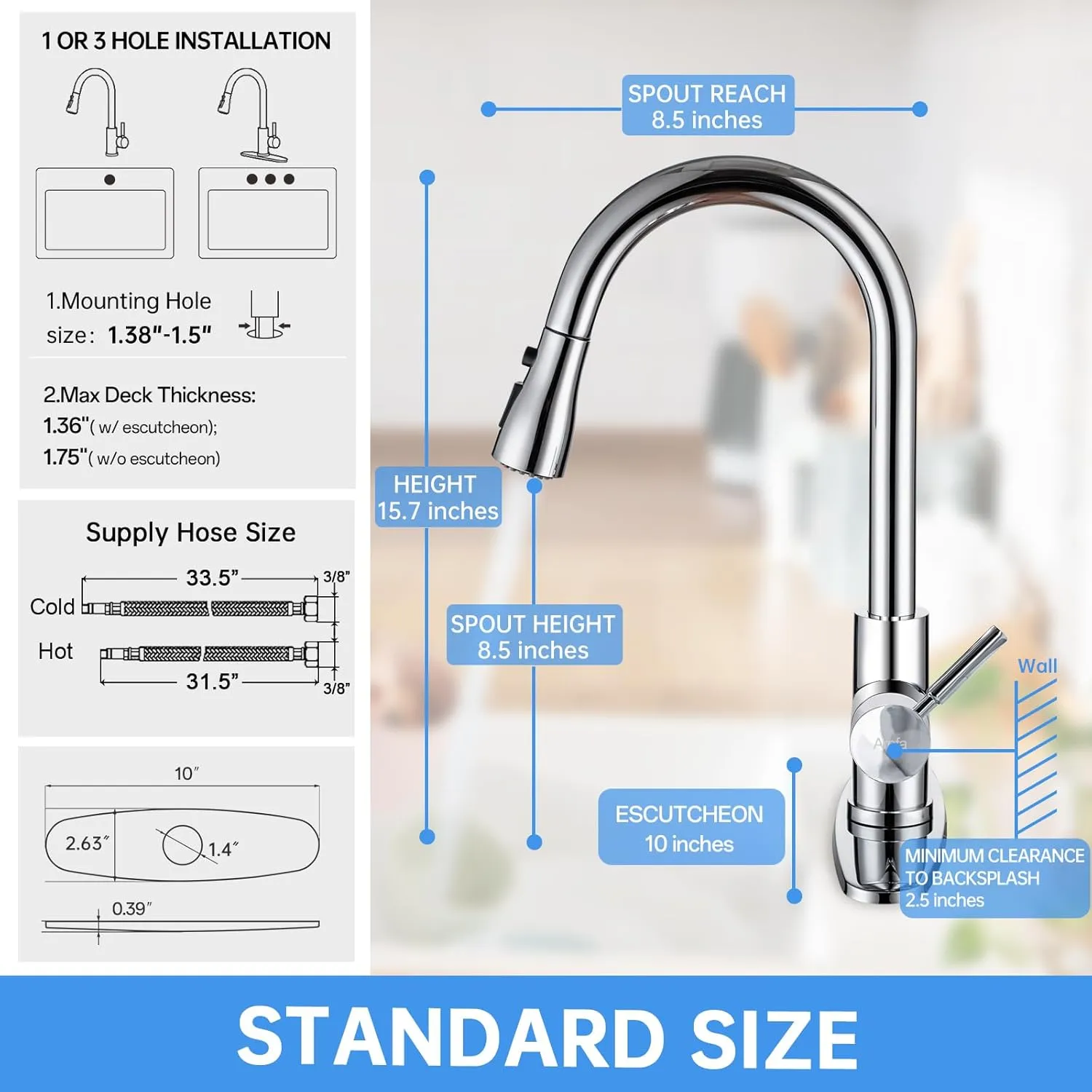 Arofa Chrome Kitchen Faucet, High Arc Kitchen Faucet with Pull Down Sprayer, Modern Single Handle Chrome Kitchen Faucets for 1/3 Hole Sink