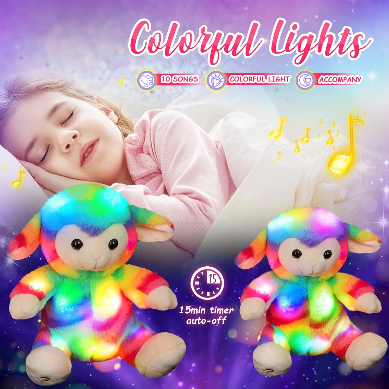 Athoinsu Light up Musical Rainbow Sheep Stuffed Animal LED Glowing Night Light Singing Cute Soft Wildlife Animal Plush Toy Decors Gifts for Toddlers Kids, 10"