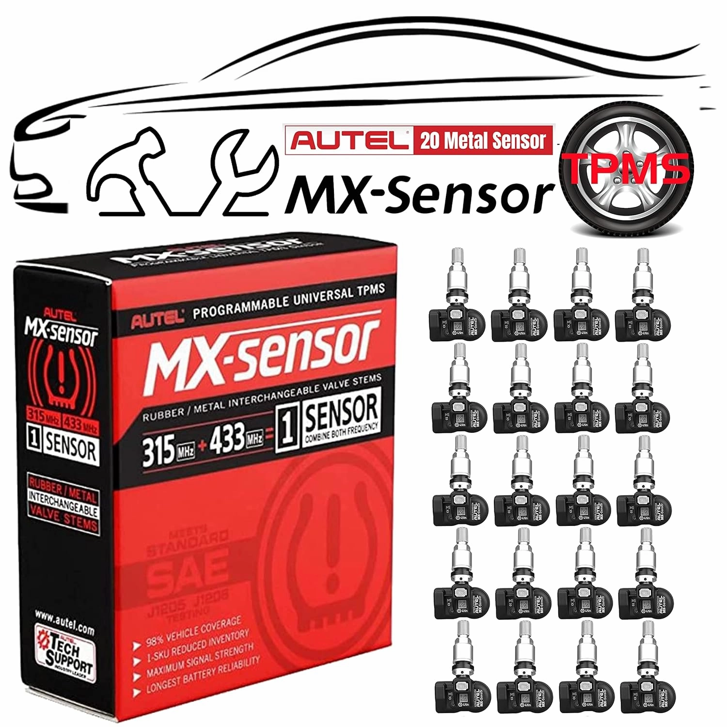 Autel MaxiTPMS MX Sensors 20pcs Pack 315MHz and 433MHz Dual Frequency TPMS Tire Sensor Metal Valve Stem Press-in Work with TS408 TS508 TS608 MS906TS ITS600