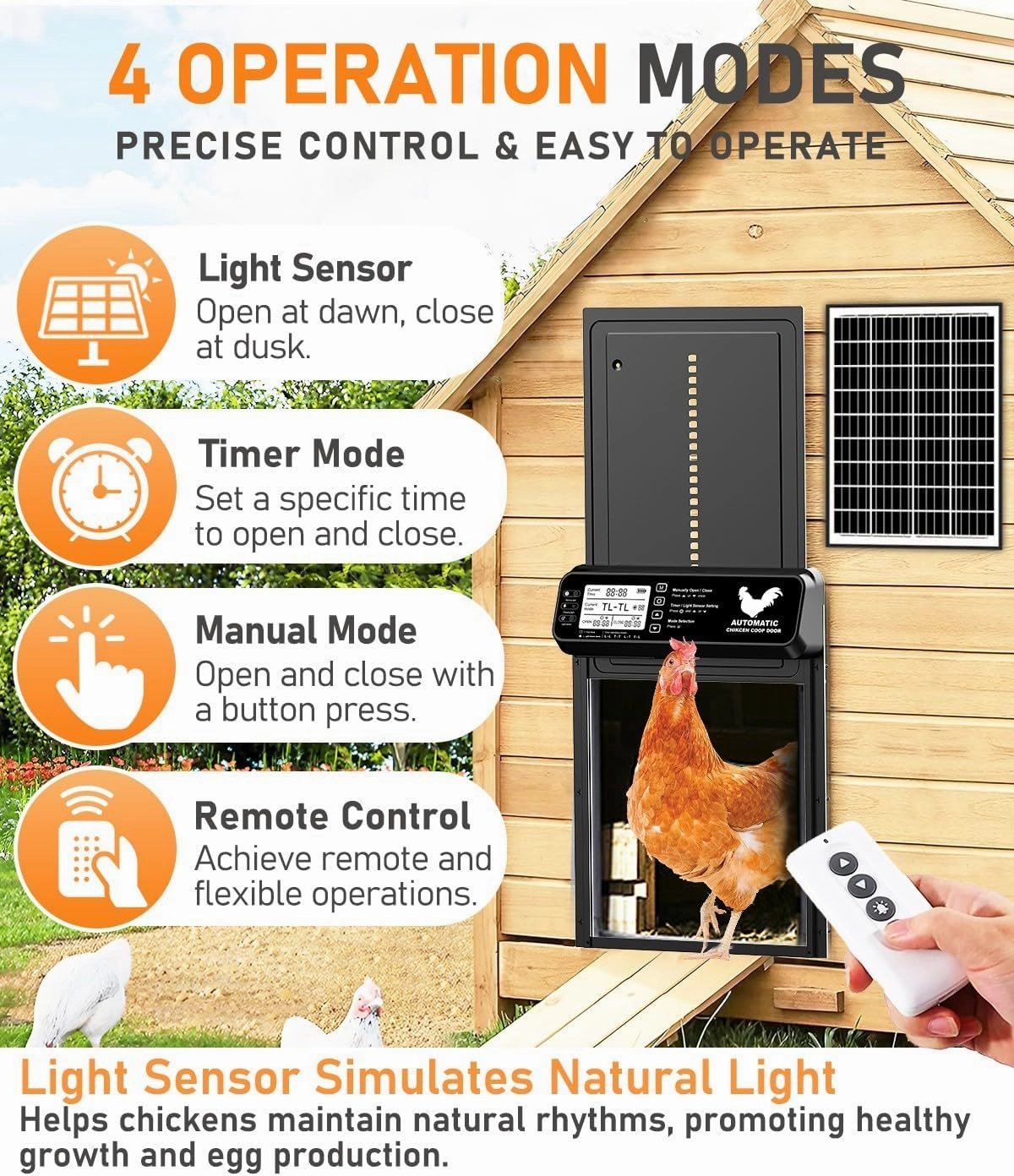 Automatic Chicken Coop Door Solar Powered with Timer/Light Sensor, Solar Chicken Coop Door Anti-Pinch, Aluminum Alloy Chicken Door | Larger Solar Panel | Higher Capacity Battery | 20M Remote Control