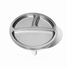 Avanchy Baby Plates with Suction – Stainless Steel Divided Plates for Toddlers, BPA-Free, Dishwasher Safe, Unbreakable, Non-Toxic, 100% Silicone Suction – White