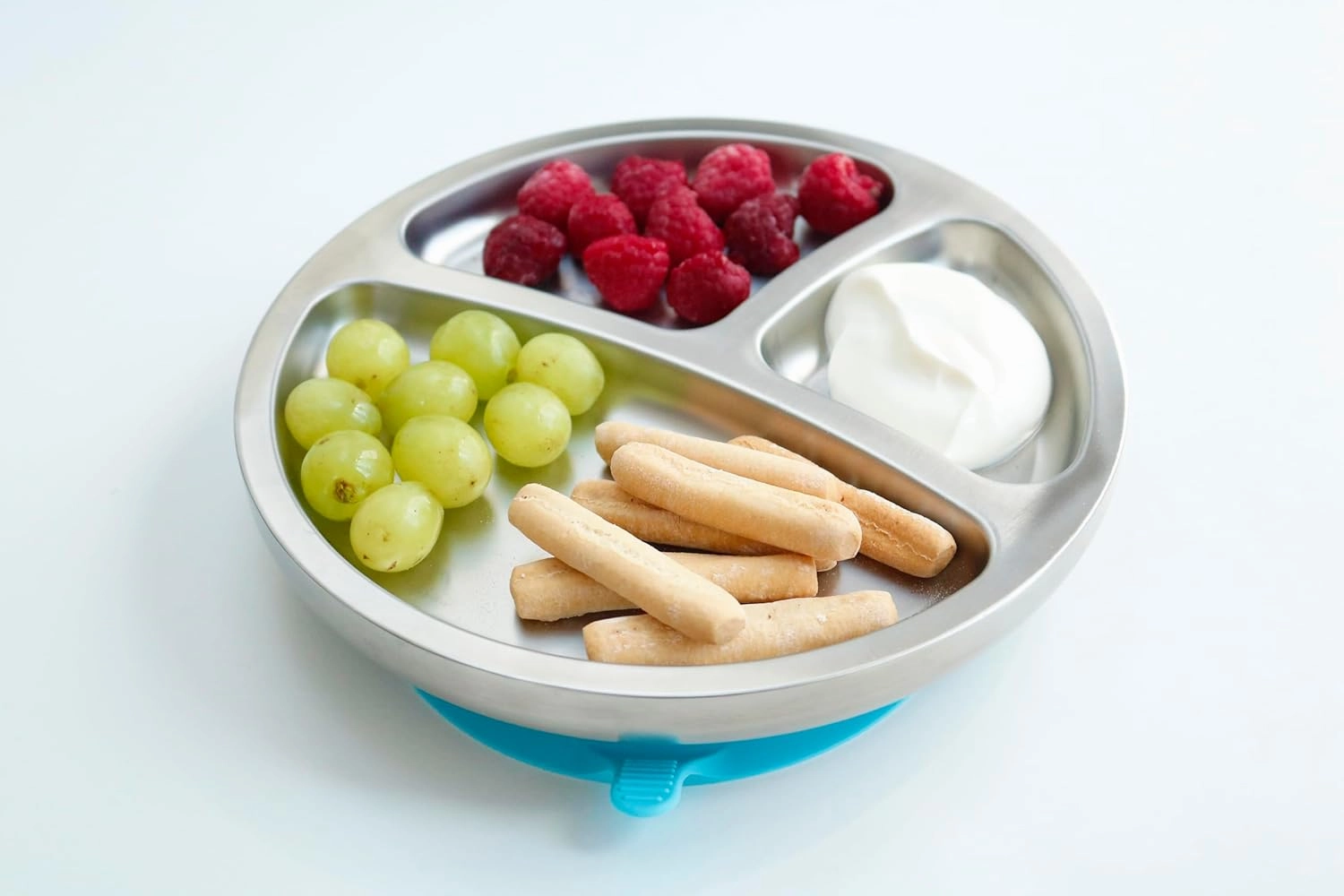 Avanchy Baby Plates with Suction – Stainless Steel Divided Plates for Toddlers, BPA-Free, Dishwasher Safe, Unbreakable, Non-Toxic, 100% Silicone Suction – White