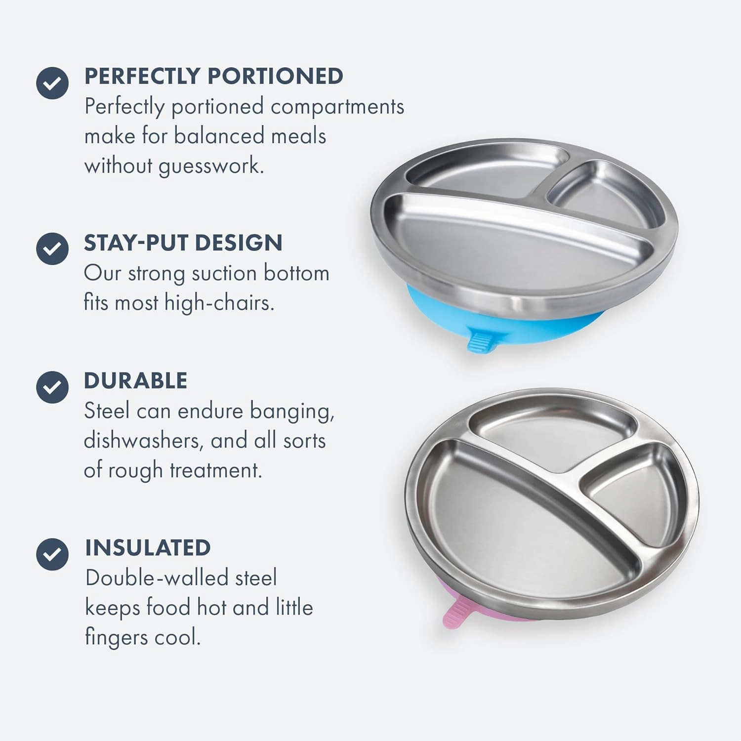 Avanchy Baby Plates with Suction – Stainless Steel Divided Plates for Toddlers, BPA-Free, Dishwasher Safe, Unbreakable, Non-Toxic, 100% Silicone Suction – White