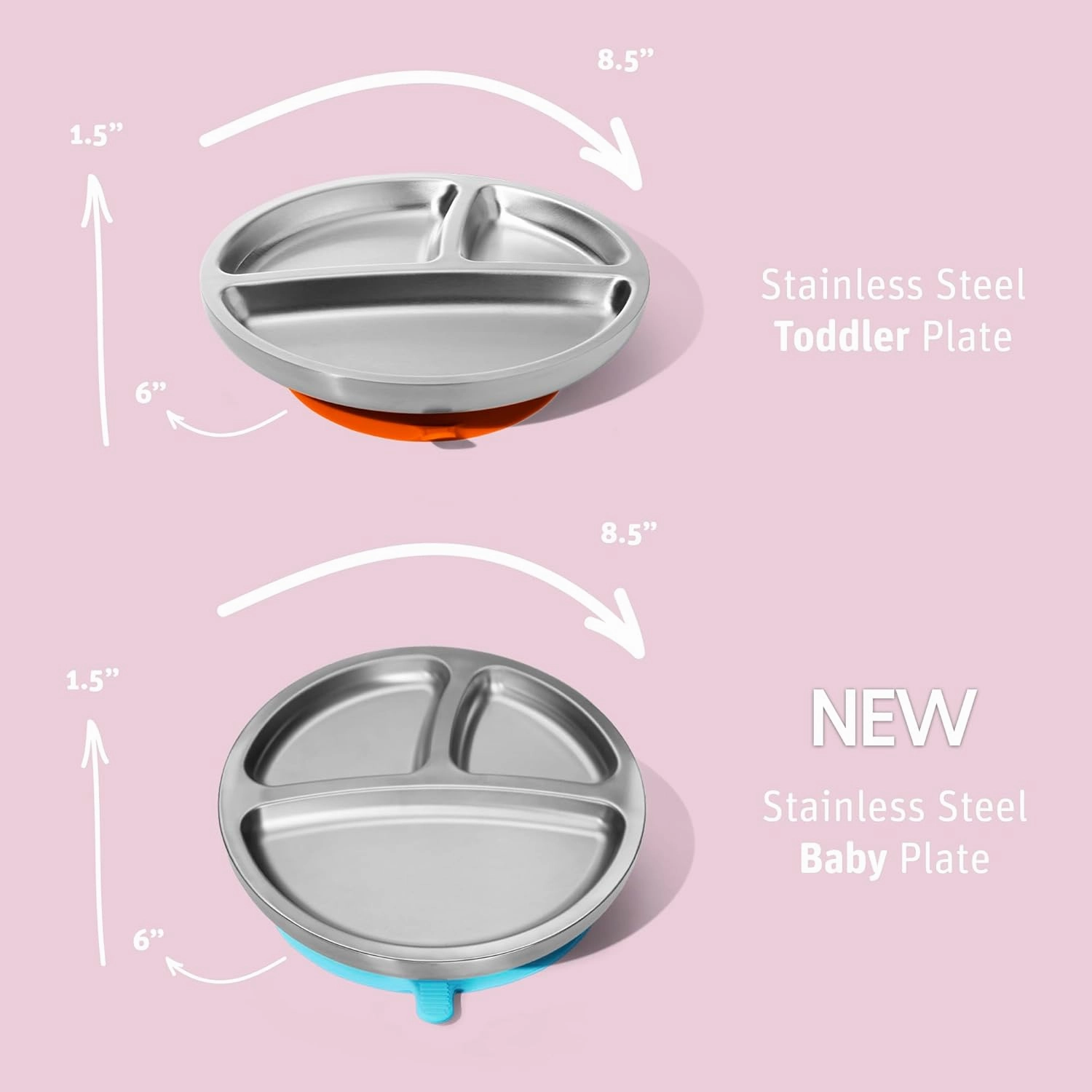 Avanchy Baby Plates with Suction – Stainless Steel Divided Plates for Toddlers, BPA-Free, Dishwasher Safe, Unbreakable, Non-Toxic, 100% Silicone Suction – White