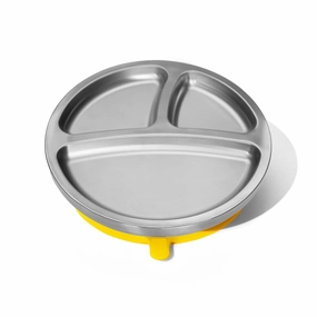 Avanchy Baby Plates with Suction – Stainless Steel Divided Plates for Toddlers, BPA-Free, Dishwasher Safe, Unbreakable, Non-Toxic, 100% Silicone Suction – Yellow
