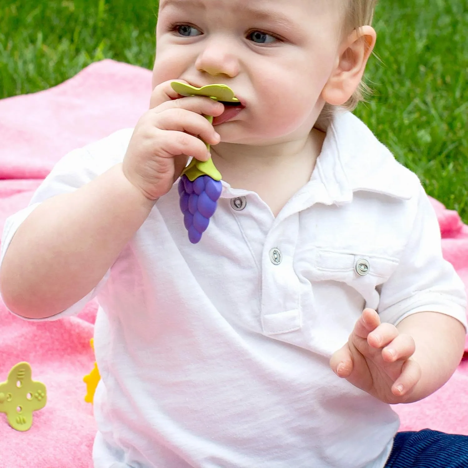 Award Winning Original Teethin’ Smart EZ Grip Fruit Teether by Innobaby - Sore Gum Relief for Front Teeth & Molars with BPA Free Teether Sensory Toy for Babies & Toddlers - Grape/Citrus/Berry