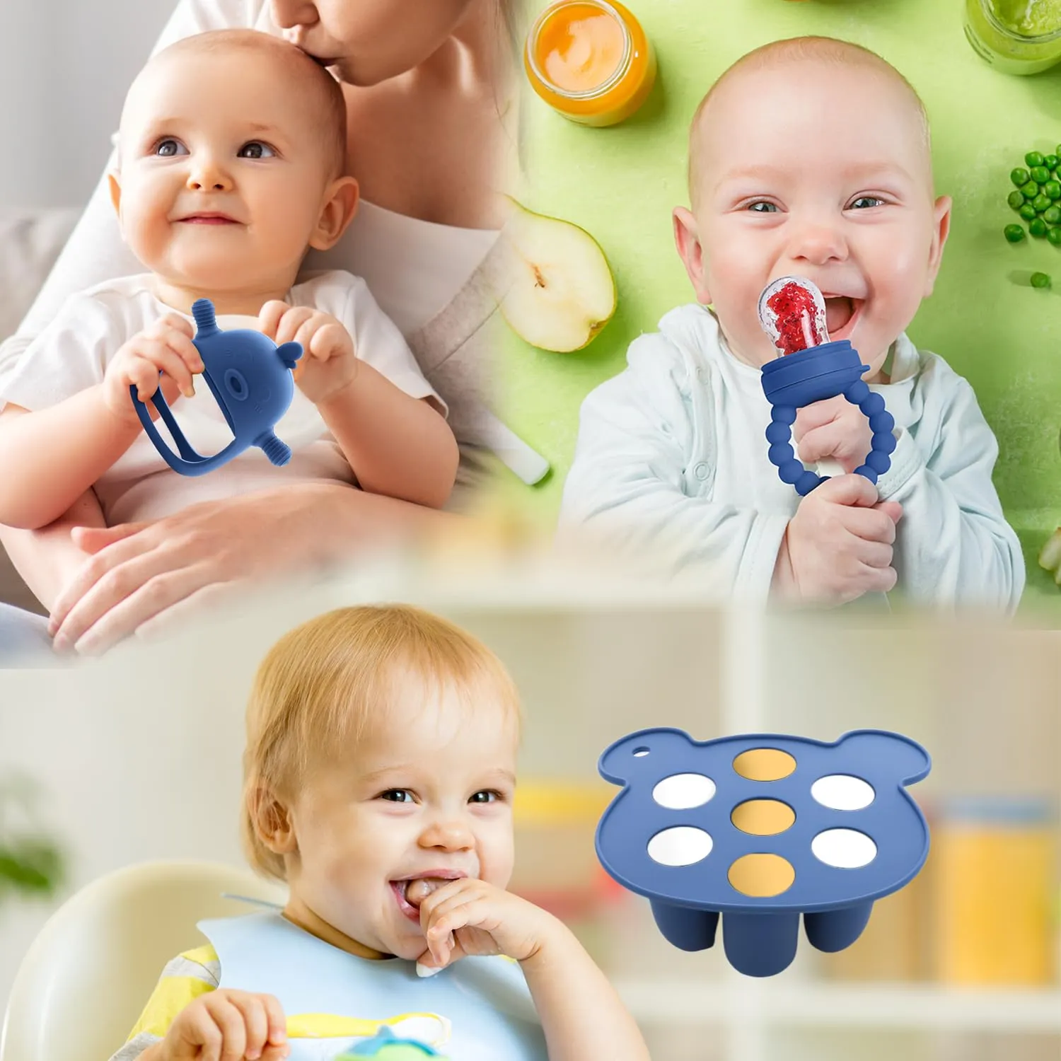 Baby Fruit Feeder Pacifier - 3 Pack | 1 Baby Food Feeder & 1 Baby Teether & 1 Baby Popsicle Molds | Breastmilk Popsicle molds | Teething Toys | Mesh Baby Feeder | Baby Feeding Set | Bebes (Steel Blue)