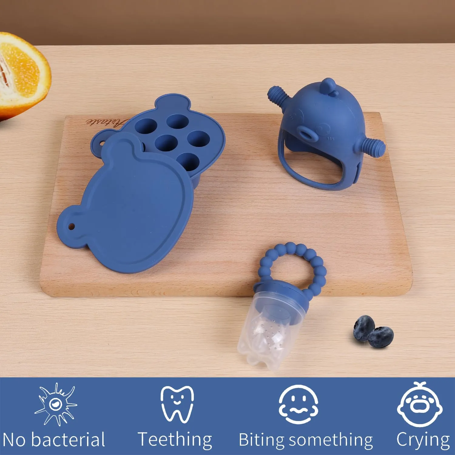Baby Fruit Feeder Pacifier - 3 Pack | 1 Baby Food Feeder & 1 Baby Teether & 1 Baby Popsicle Molds | Breastmilk Popsicle molds | Teething Toys | Mesh Baby Feeder | Baby Feeding Set | Bebes (Steel Blue)
