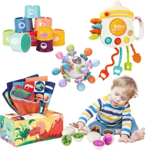 Baby Montessori Sensory Toys for Baby 6 12 18 Months, Dinosaur Matching Eggs, Tissue Box Toy, Pull String, Infant Teething Toys, Stacking Cups Toy Gift for Babies Toddlers