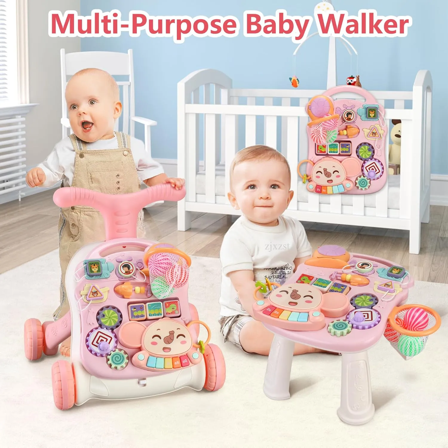 Baby Push Walker 3 in 1 Sit-to-Stand Learning Walker with Wheels Kids’Multiple Educational Activity Center Music Learning Toy Gift for Infant Boys Girls (Pink)
