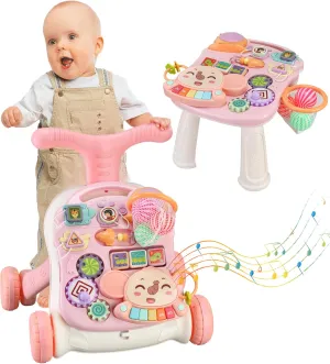 Baby Push Walker 3 in 1 Sit-to-Stand Learning Walker with Wheels Kids’Multiple Educational Activity Center Music Learning Toy Gift for Infant Boys Girls (Pink)