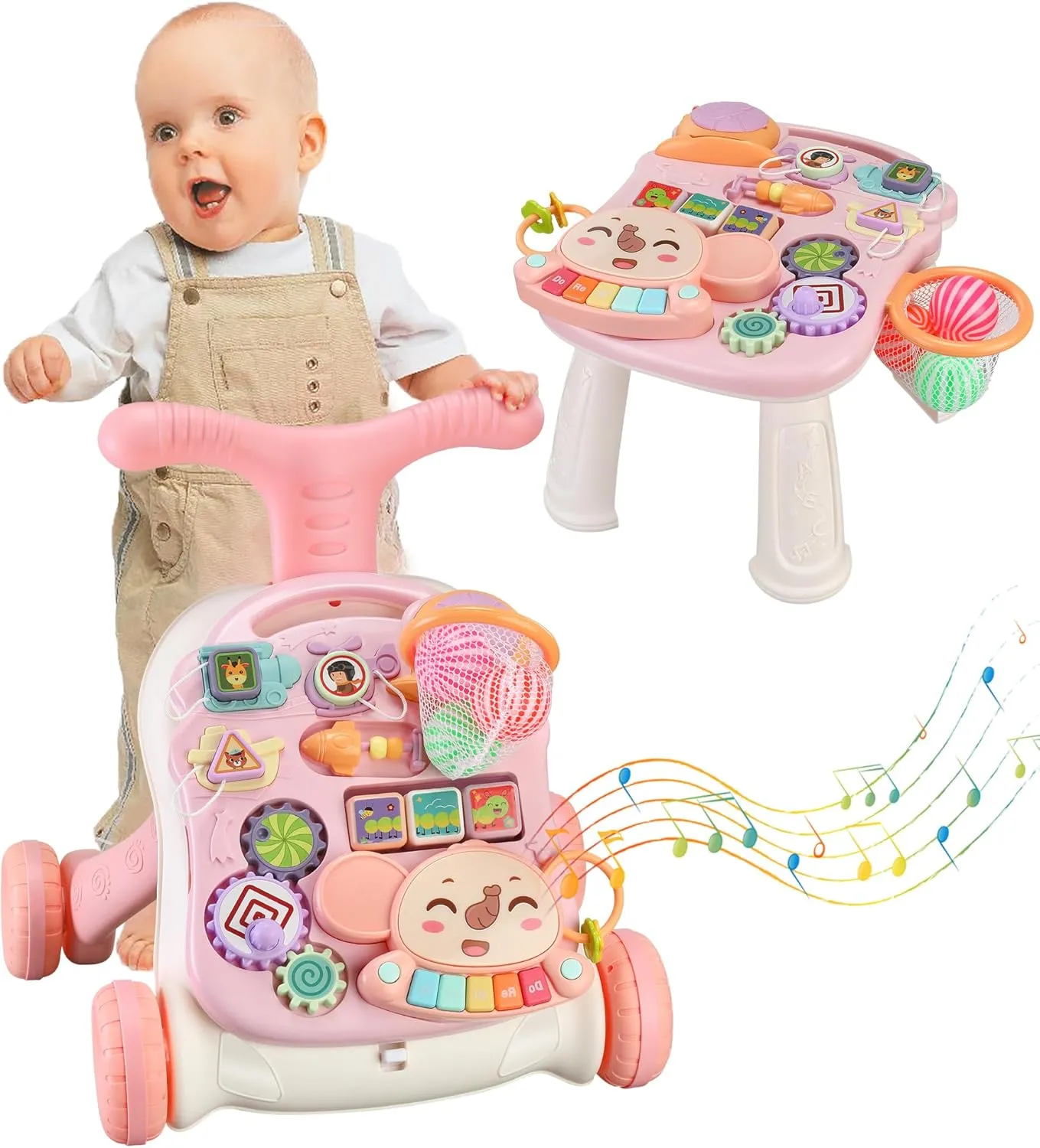 Baby Push Walker 3 in 1 Sit-to-Stand Learning Walker with Wheels Kids’Multiple Educational Activity Center Music Learning Toy Gift for Infant Boys Girls (Pink)