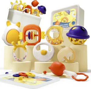 Baby Rattles Newborn Toys for 0-6 Months Infant Teethers Toys with Storage Box Silicone Chew Ball Toy for 6-12 18 Months Baby Shower Gifts Essentials