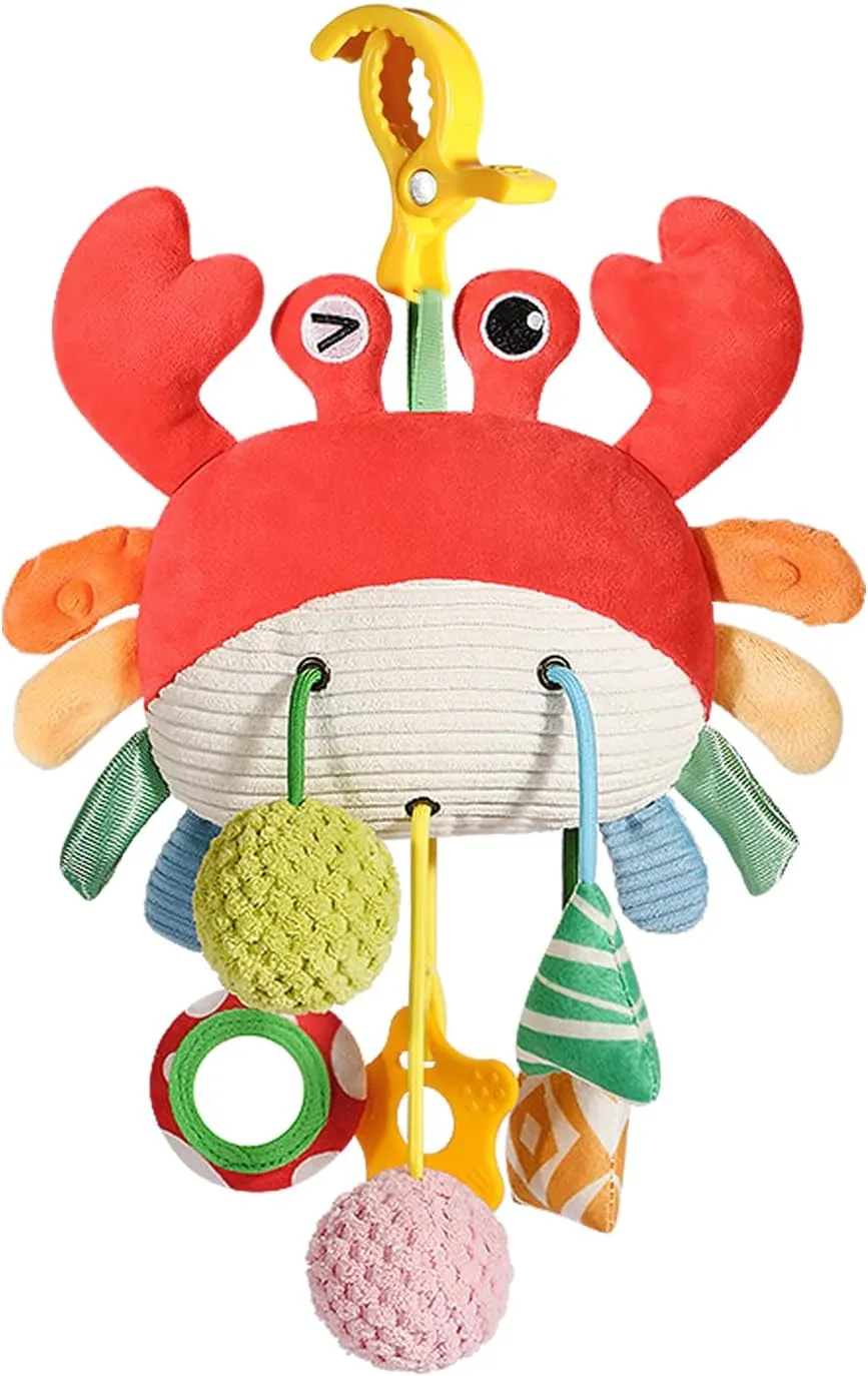Baby Sensory Toys 0-6 Months - Crib & Car Seat Hanging Crab Attachment with Clip, Rattles and Teether, Travel Comfort Toy for Newborn Infant Gifts