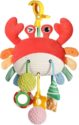 Baby Sensory Toys 0-6 Months - Crib & Car Seat Hanging Crab Attachment with Clip, Rattles and Teether, Travel Comfort Toy for Newborn Infant Gifts