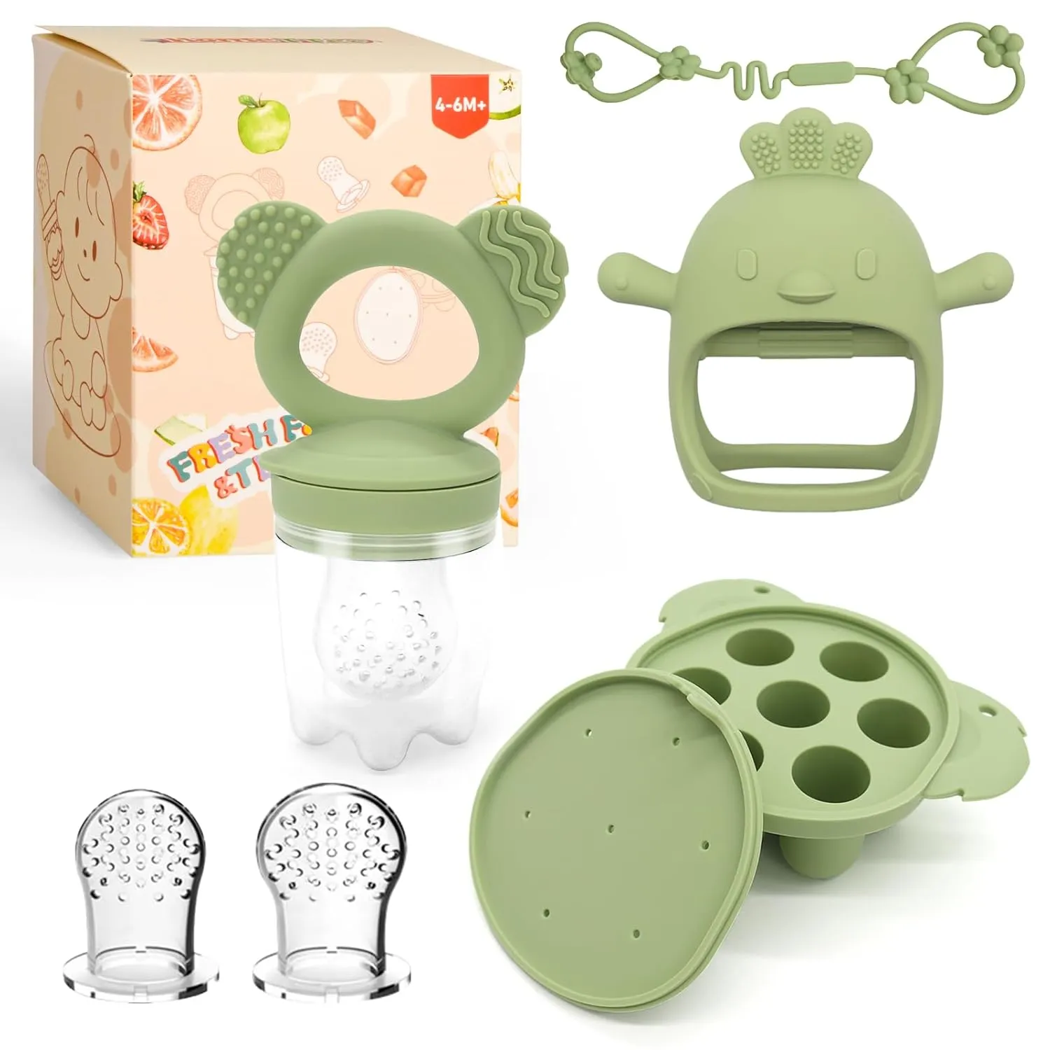 Baby Teething Relief Toys, Baby Fruit/Fresh Food Feeder with Breastmilk Popsicle Molds & Baby Teether Combo Food Grade Silicon for 6M  Breastmilk Pops, Frozen Fruit(Green)