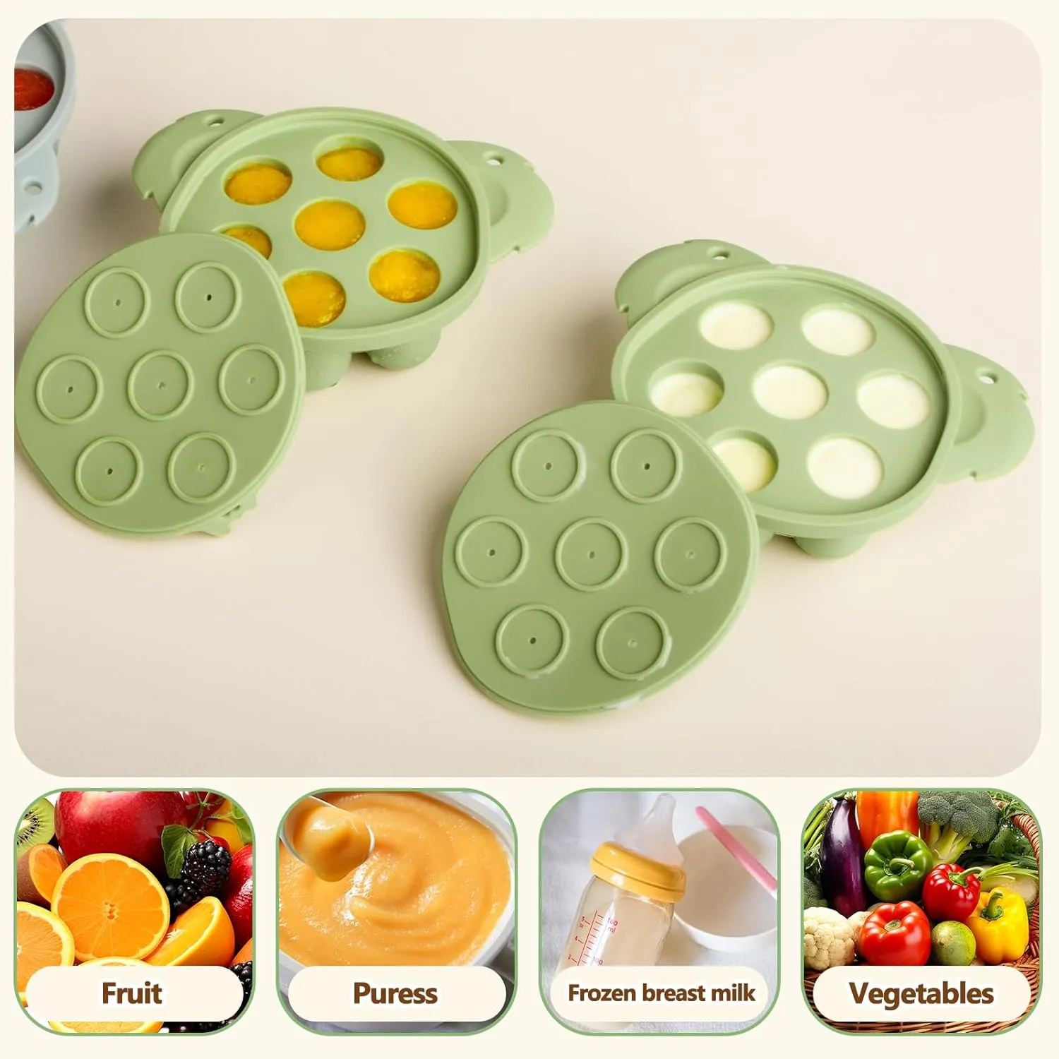 Baby Teething Relief Toys, Baby Fruit/Fresh Food Feeder with Breastmilk Popsicle Molds & Baby Teether Combo Food Grade Silicon for 6M  Breastmilk Pops, Frozen Fruit(Green)