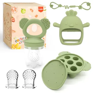 Baby Teething Relief Toys, Baby Fruit/Fresh Food Feeder with Breastmilk Popsicle Molds & Baby Teether Combo Food Grade Silicon for 6M  Breastmilk Pops, Frozen Fruit(Green)