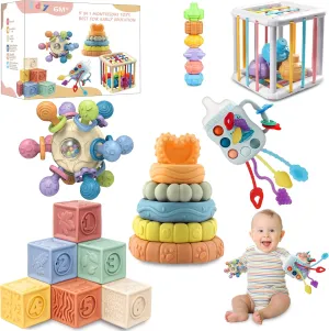 Baby Toys 0-6-12 Months,Montessori Toys for babise 0-6-12-18 Months,Incl Pull String Toy & Shape Sorter & Stacking Building Block & Manhattan ball & Baby Blocks，montessori baby toys for 1   year
