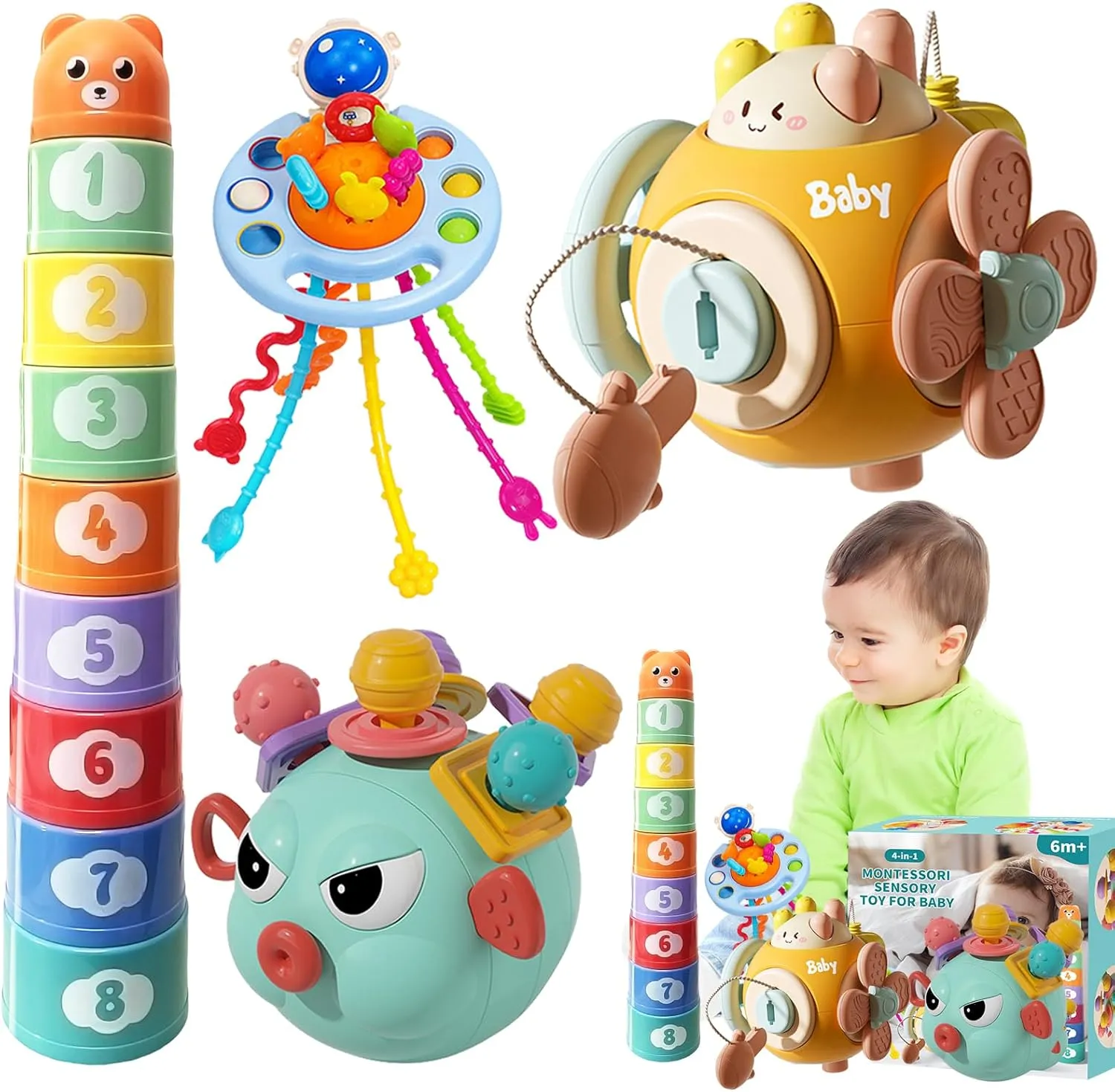 Baby Toys 6 to 12 Months, 4 in 1 Montessori Toy for Babies, Infants Teething Toys, Silicone Pull String, Stacking Cup, Busy Cube Sensory Bin, Learning Gifts for Toddlers 1  Year Old