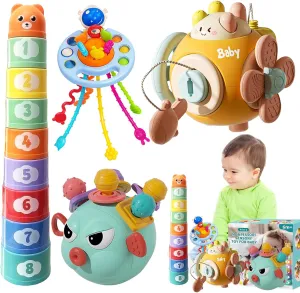 Baby Toys 6 to 12 Months, 4 in 1 Montessori Toy for Babies, Infants Teething Toys, Silicone Pull String, Stacking Cup, Busy Cube Sensory Bin, Learning Gifts for Toddlers 1  Year Old