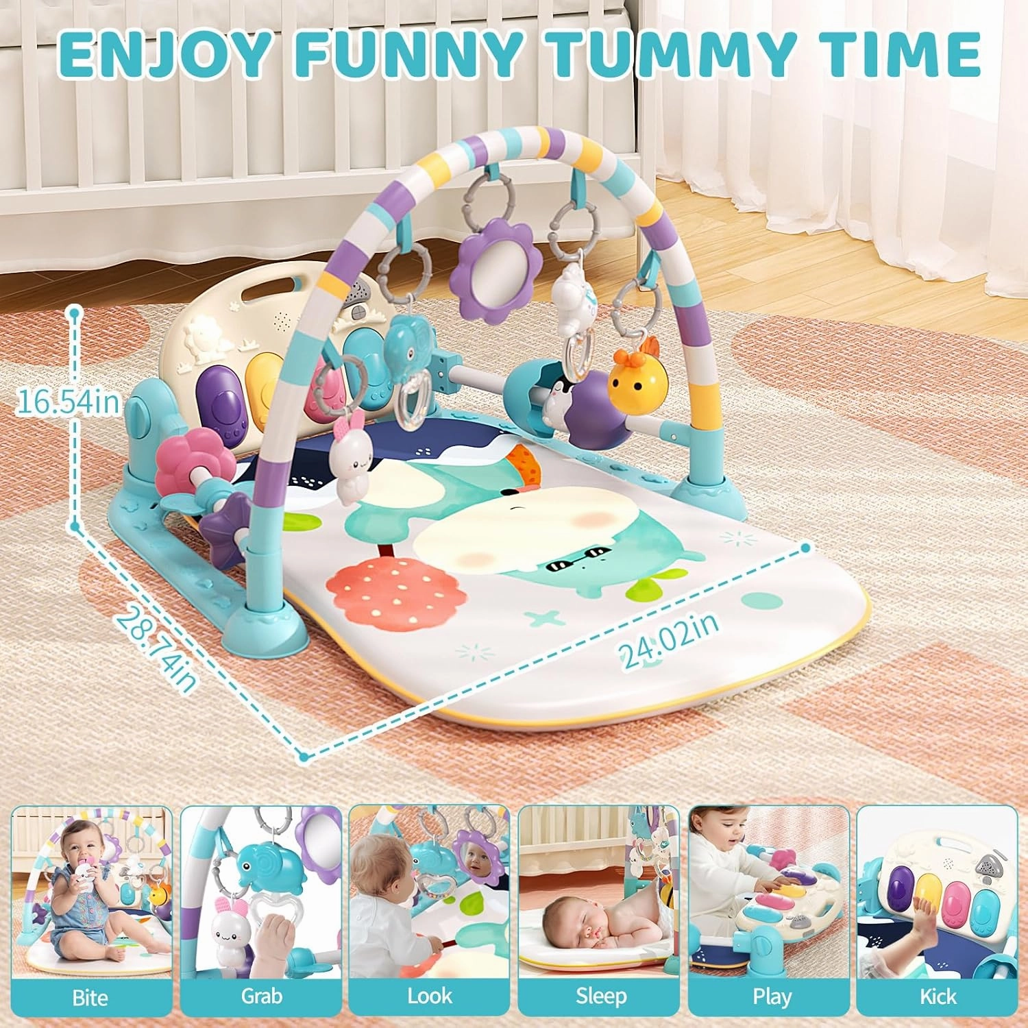 Baby Gym With Kick and Play Piano, Activity Mat for Tummy Time With 5 Infant Learning Sensory, Music and Lights for Newborn Boy or Girl (Green)