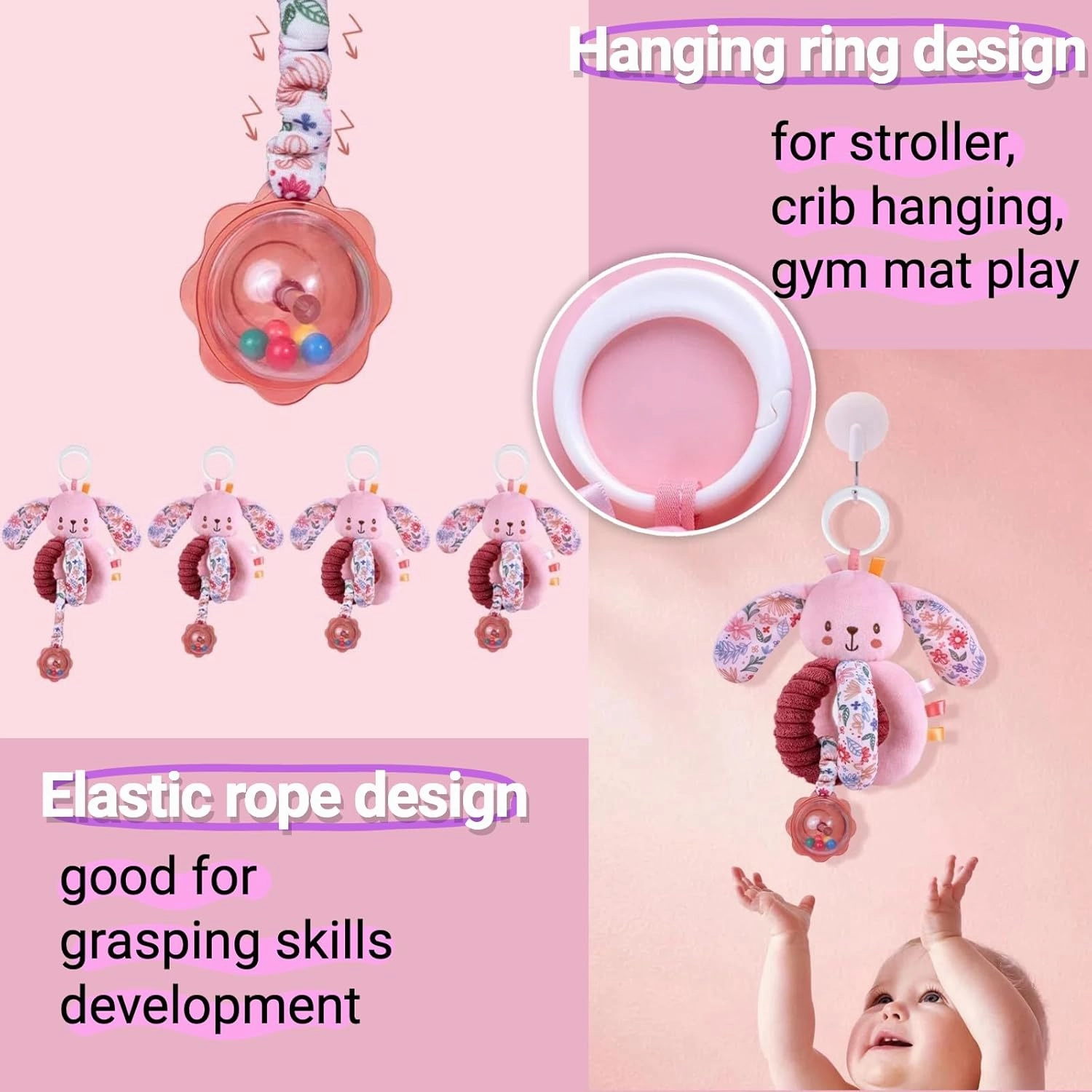 Baby Spiral Car Seat Toys for Babies 0-6 Months Girl Boy, Stroller Hanging Rattles, Infant Stuffed Animals Carseat Activity Toy 3-6-12 Months, Newborn Shower Gifts Mirror, Crinkle, Bunny 3PCS