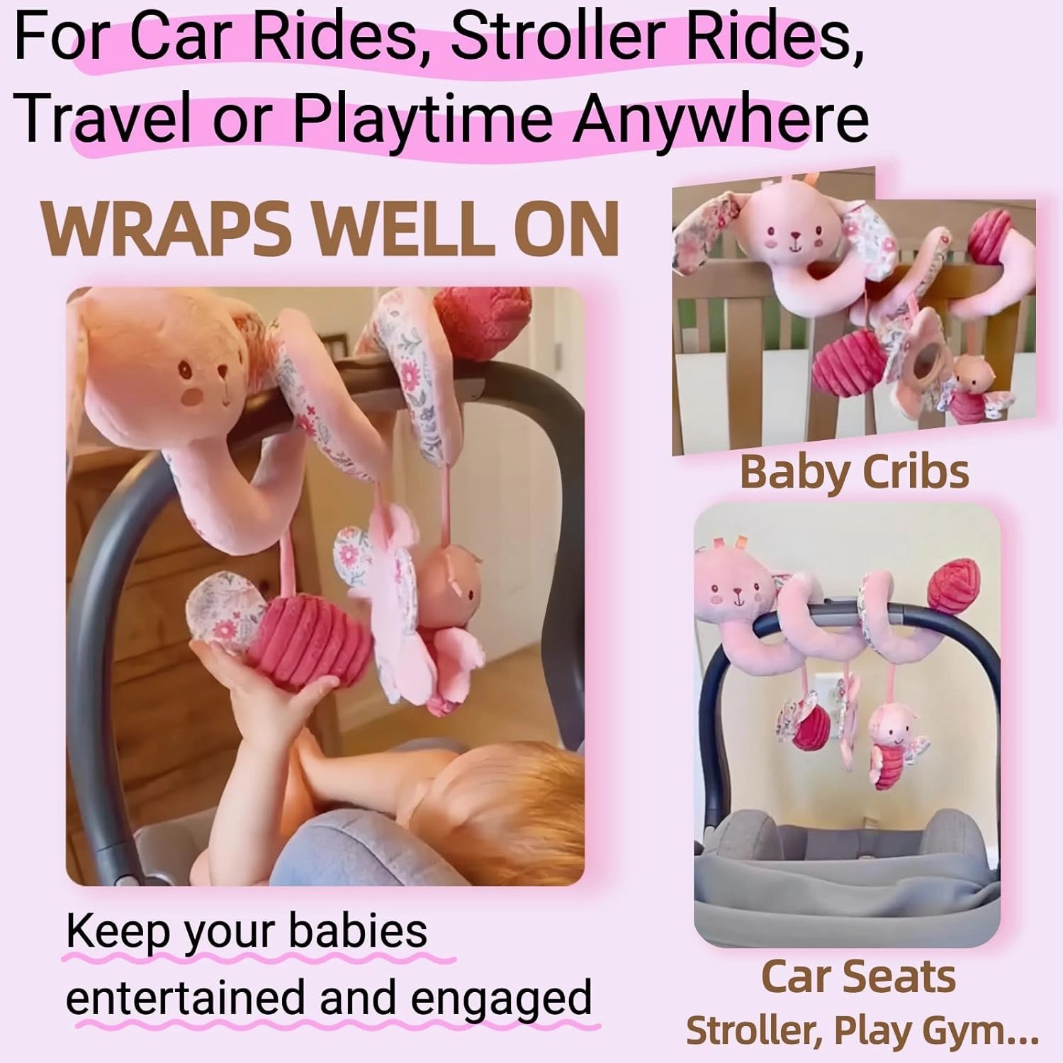 Baby Spiral Car Seat Toys for Babies 0-6 Months Girl Boy, Stroller Hanging Rattles, Infant Stuffed Animals Carseat Activity Toy 3-6-12 Months, Newborn Shower Gifts Mirror, Crinkle, Bunny 3PCS