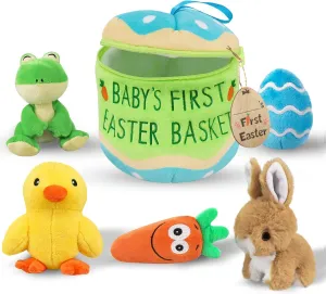 Baby's First Easter Basket Stuffers 6ct, Stuffed Plush Bunny Chick Carrot Frog Egg Personalized Easter Basket with Embroidered, Baby's First Easter Gifts for Kids Baby Girls Boys Infants
