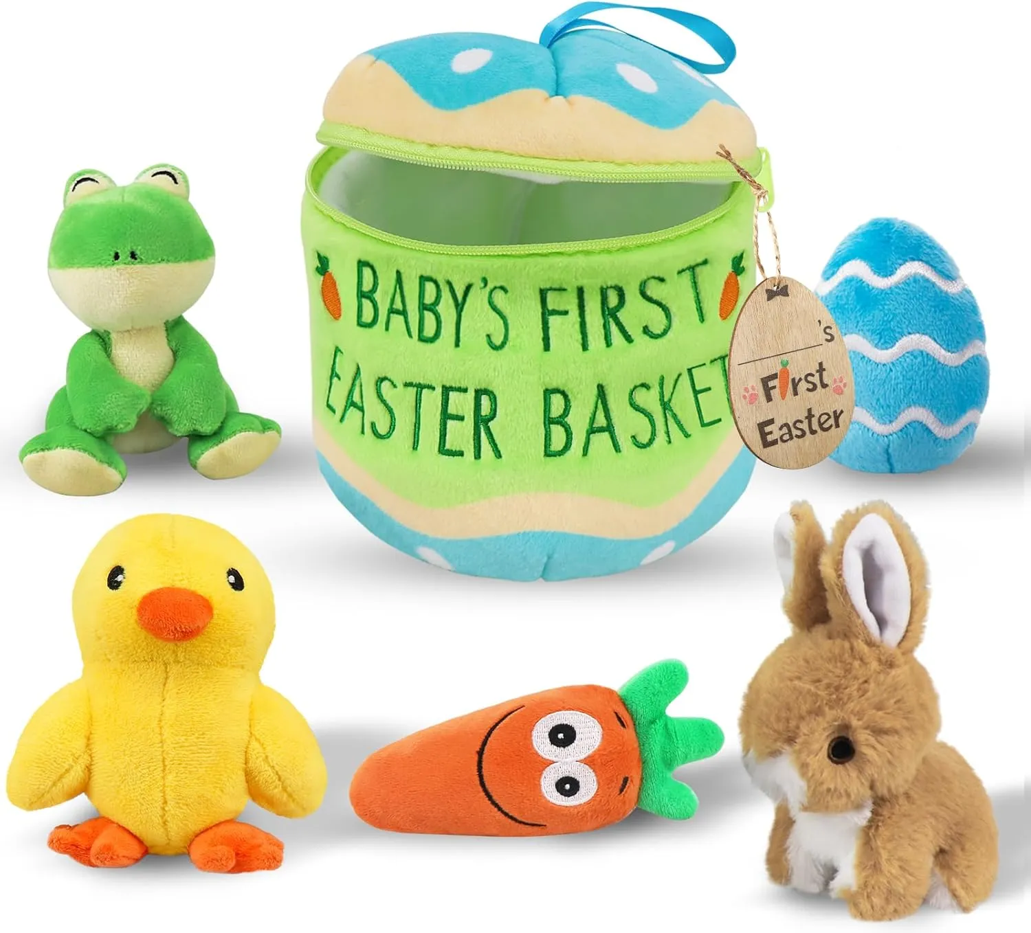 Baby's First Easter Basket Stuffers 6ct, Stuffed Plush Bunny Chick Carrot Frog Egg Personalized Easter Basket with Embroidered, Baby's First Easter Gifts for Kids Baby Girls Boys Infants