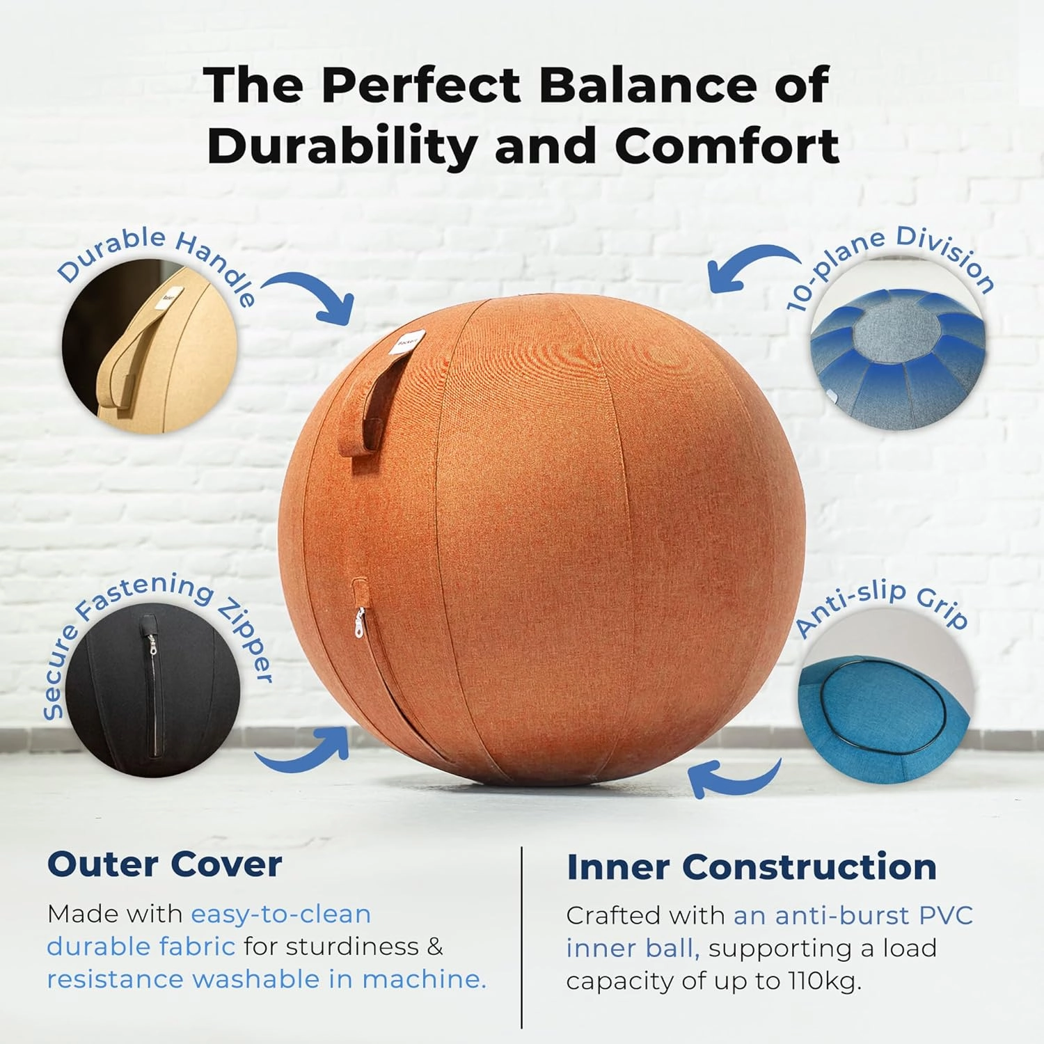 Balance Ball Chair for Office & Home - Ergonomic Exercise Ball for Posture & Back Pain Relief, Yoga Ball Chair - Sitting Ball with Washable Linen Cover