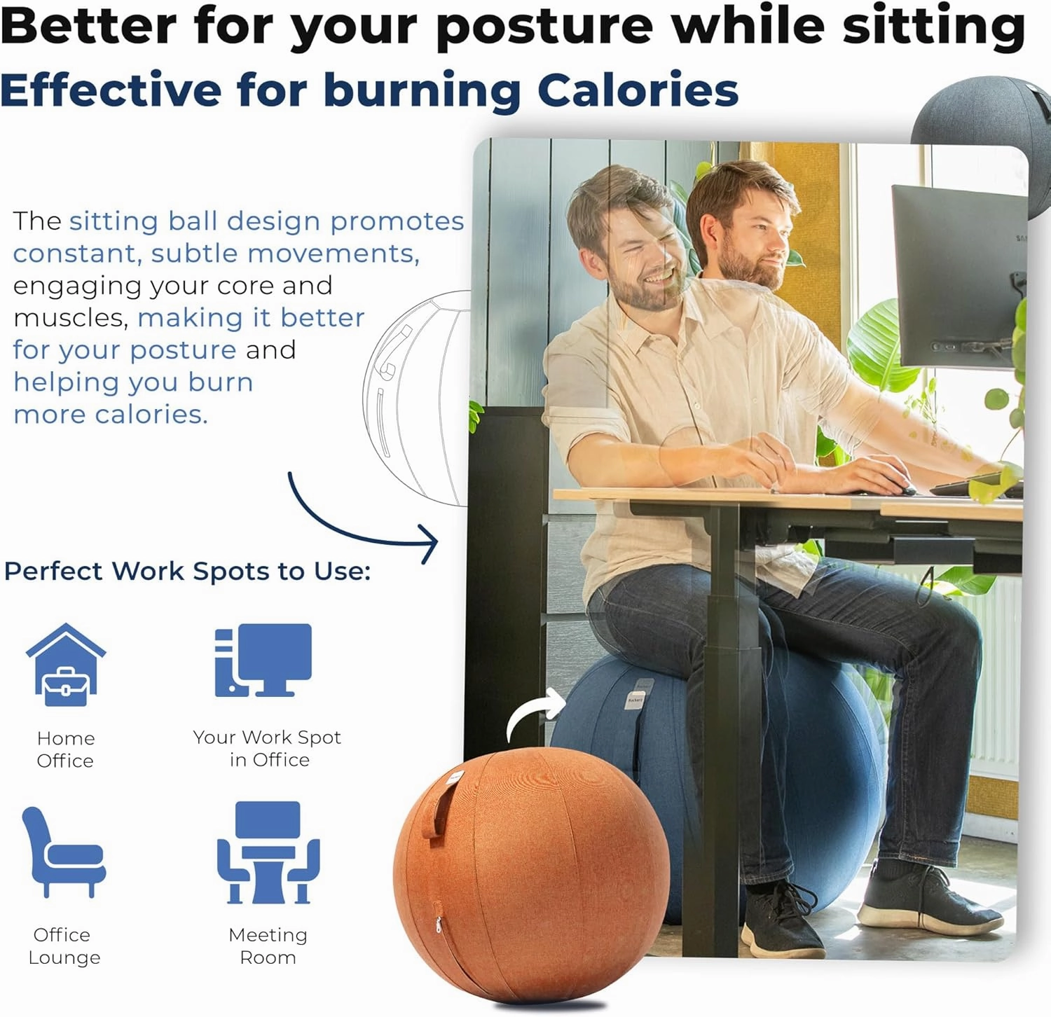 Balance Ball Chair for Office & Home - Ergonomic Exercise Ball for Posture & Back Pain Relief, Yoga Ball Chair - Sitting Ball with Washable Linen Cover