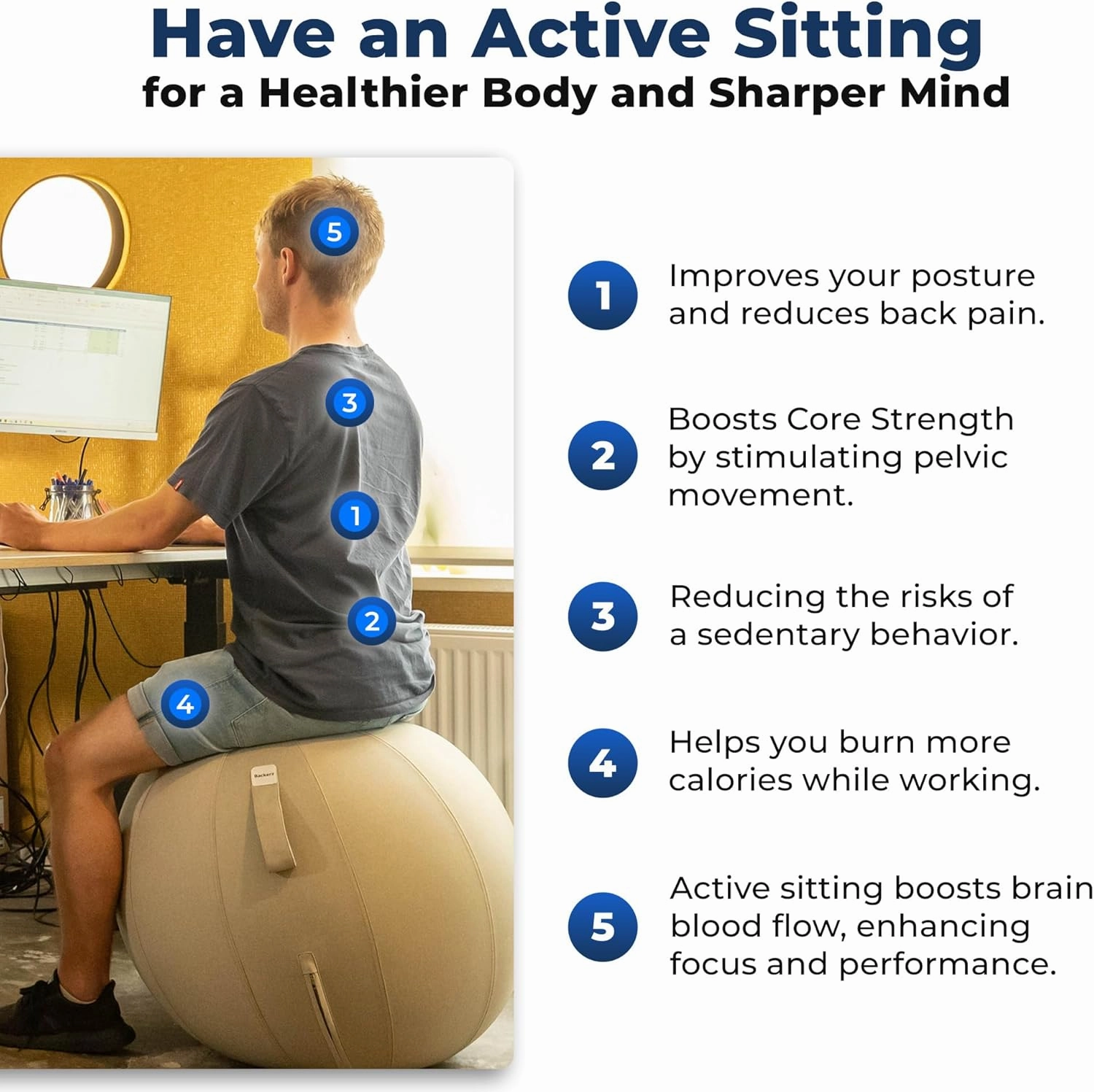 Balance Ball Chair for Office & Home - Ergonomic Exercise Ball for Posture & Back Pain Relief, Yoga Ball Chair - Sitting Ball with Washable Linen Cover