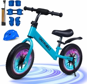 Balance Bike for Kids 2-5 Year Old - Lighting Tires with Adjustable Seat & Handlebar - No Pedal Toddler Balance Bike, Gift for Boys and Girls Including Safety Helmet, Air Pump, Knee & Elbow Pads Set