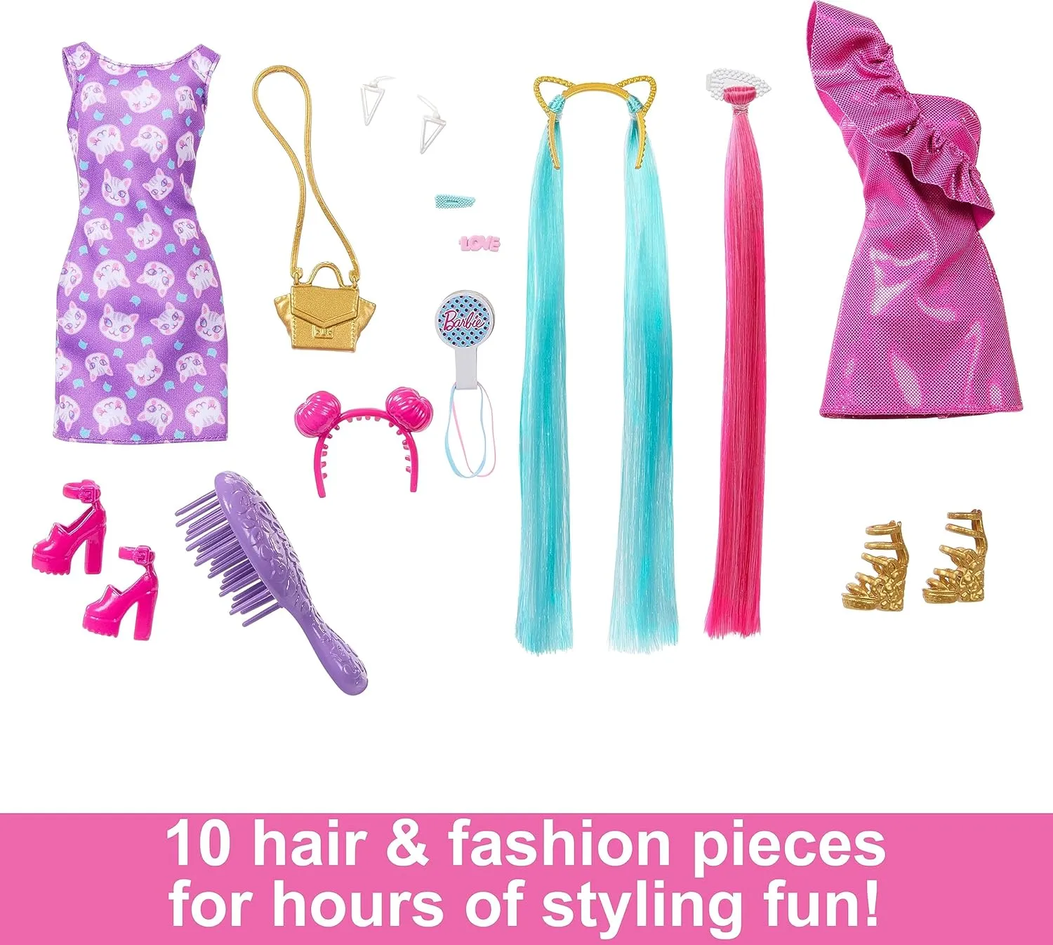 Barbie Doll, Fun & Fancy Hair with Extra-Long Colorful Blonde Hair and Glossy Pink Dress, 10 Fashion Play Accessories