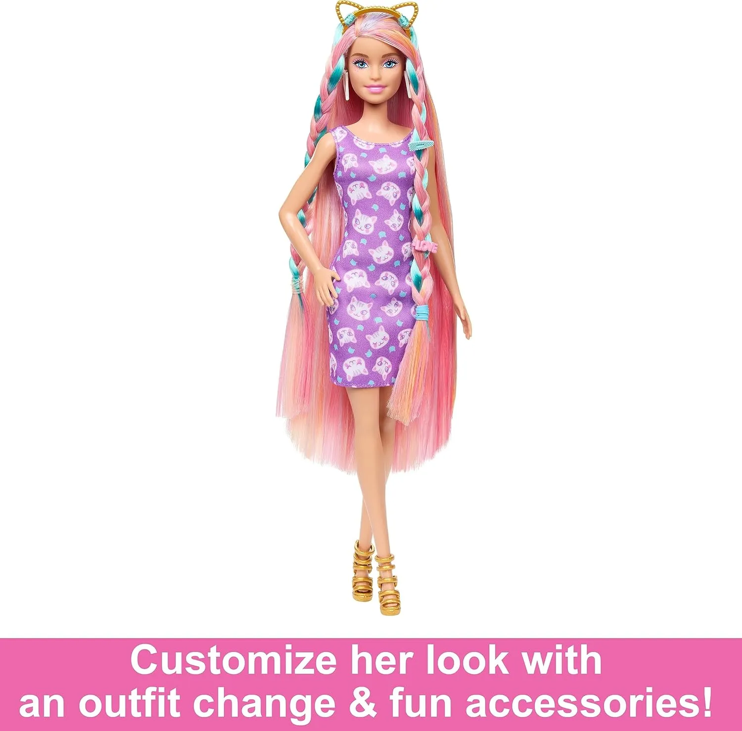 Barbie Doll, Fun & Fancy Hair with Extra-Long Colorful Blonde Hair and Glossy Pink Dress, 10 Fashion Play Accessories