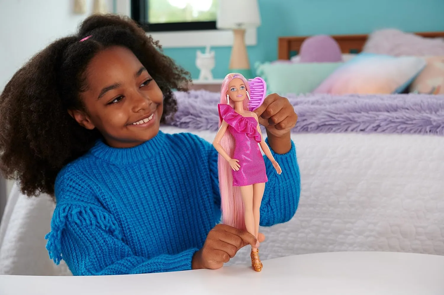 Barbie Doll, Fun & Fancy Hair with Extra-Long Colorful Blonde Hair and Glossy Pink Dress, 10 Fashion Play Accessories