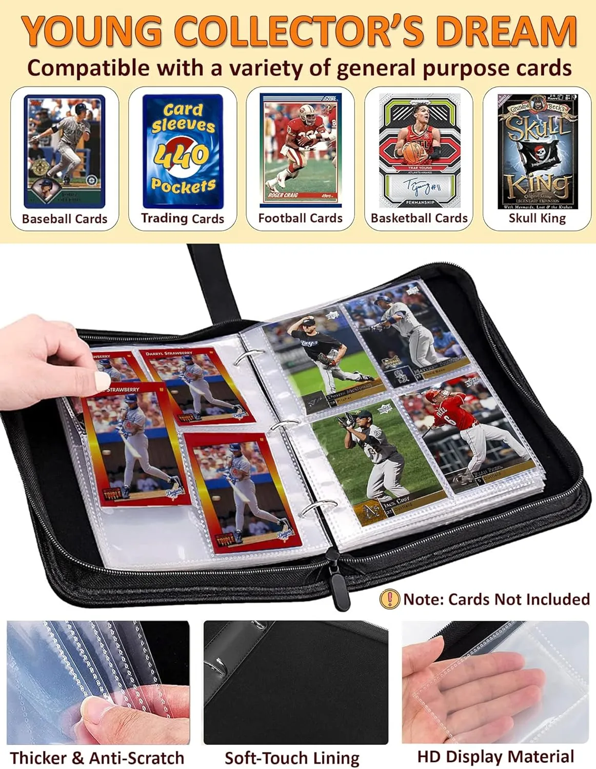 Baseball Card Binder 440 Pockets, 55 Sleeves Small Baseball Binder 3 Ring Zipper Trading Cards Holder 4 Pocket, Mini Sport Collection Book Storage Organizer, Album Folder Case Photocard Protector Gift