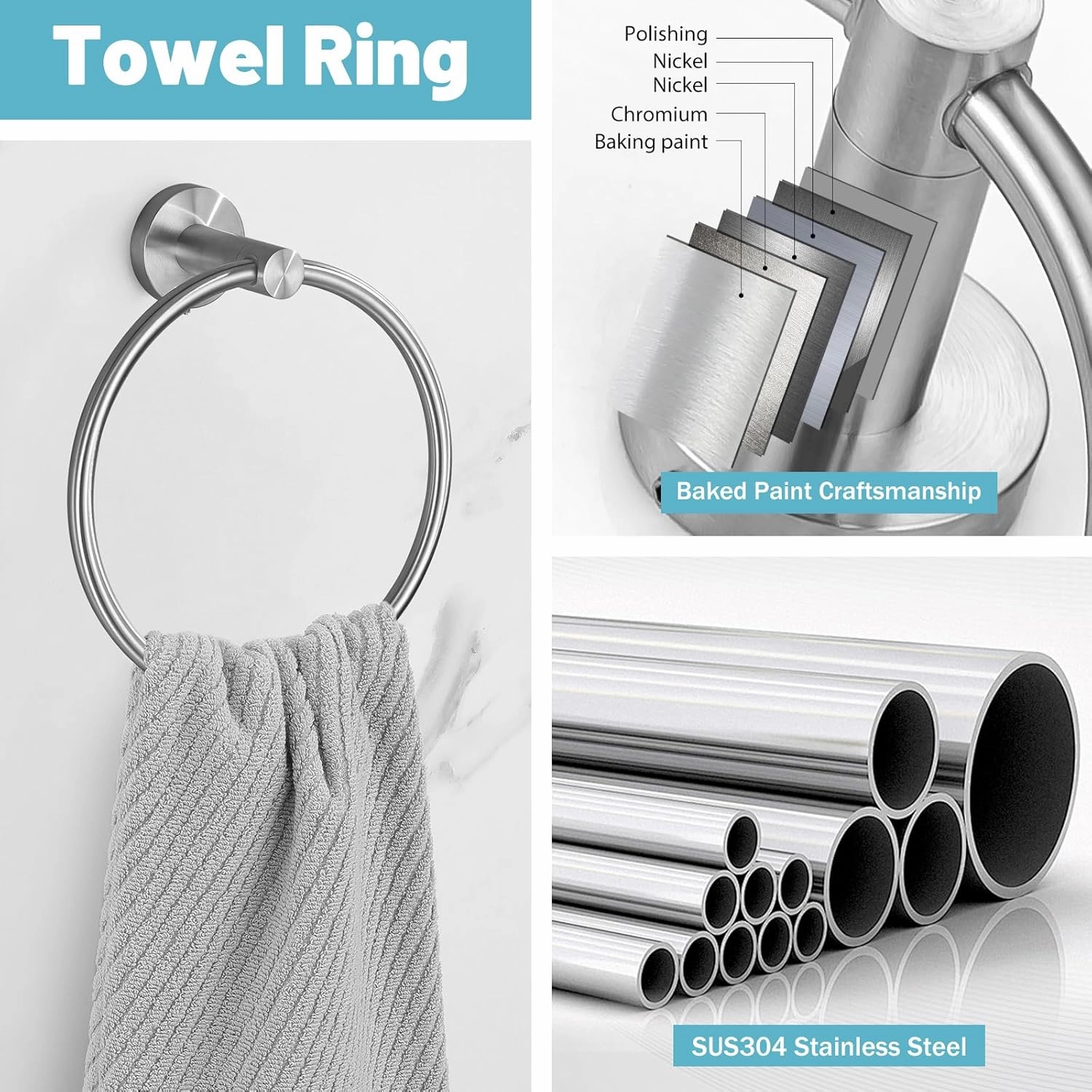 Bathroom Hardware Set, 4-Piece Towel Bar Set Brushed Nickel Towel Holder Set Includes 19.68 in Towel Bar,Toilet Paper Holder,Towel Ring and Towel Hook Wall Mount Bathroom Accessories Set
