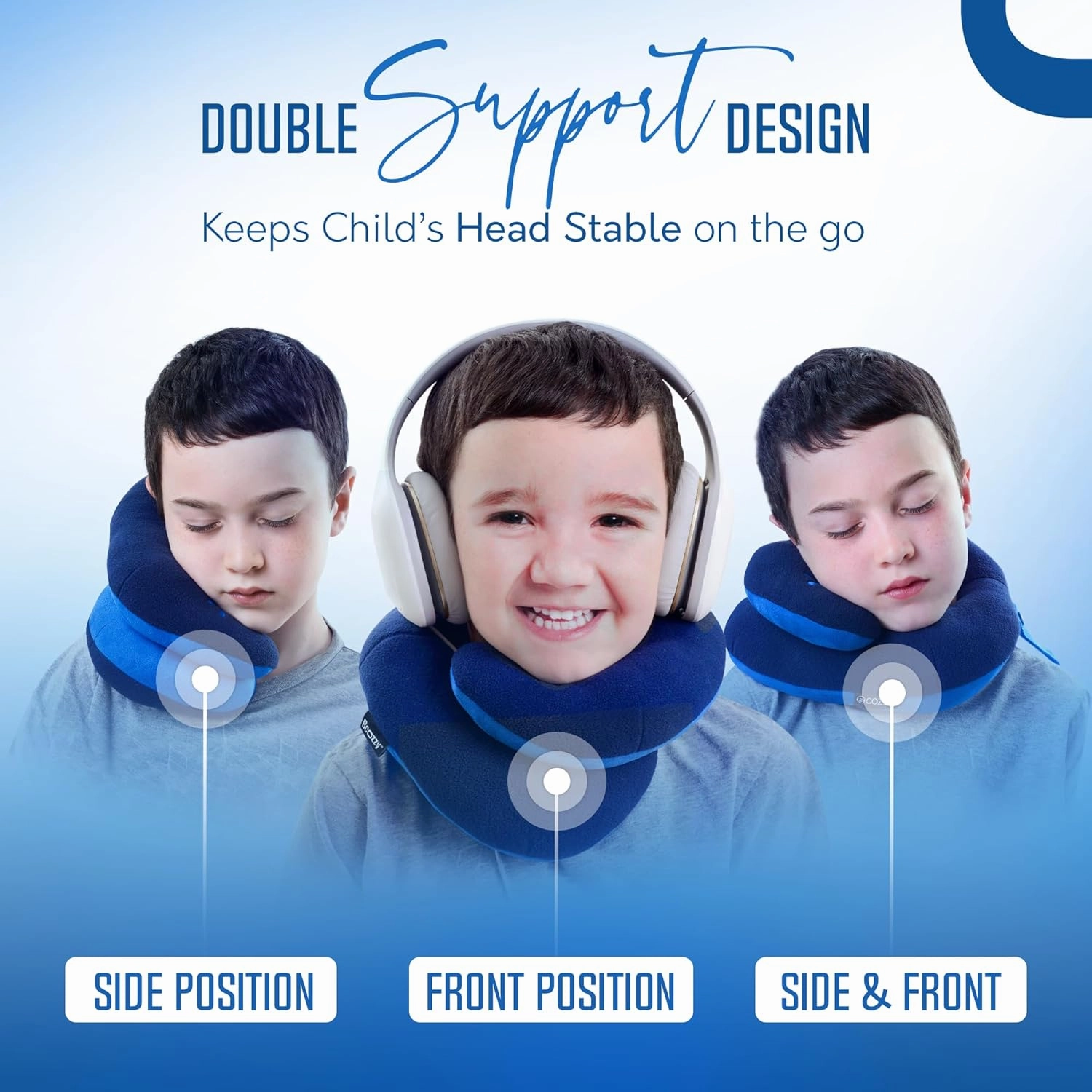 BCOZZY Kids Chin Supporting Travel Pillow for Ages 3–7- Patented Soft Neck Pillow for Head and Chin Support in Car Seat and Airplane. Comfortable Travel Essential. Small Size, Bag, Light Blue